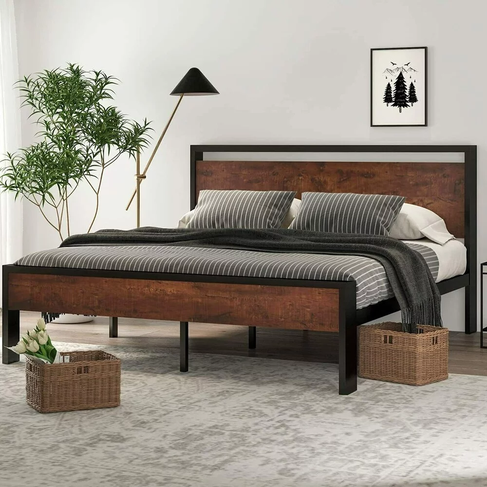 King Size Metal Bed Frame with Wooden Headboard & Footboard, Mahogany