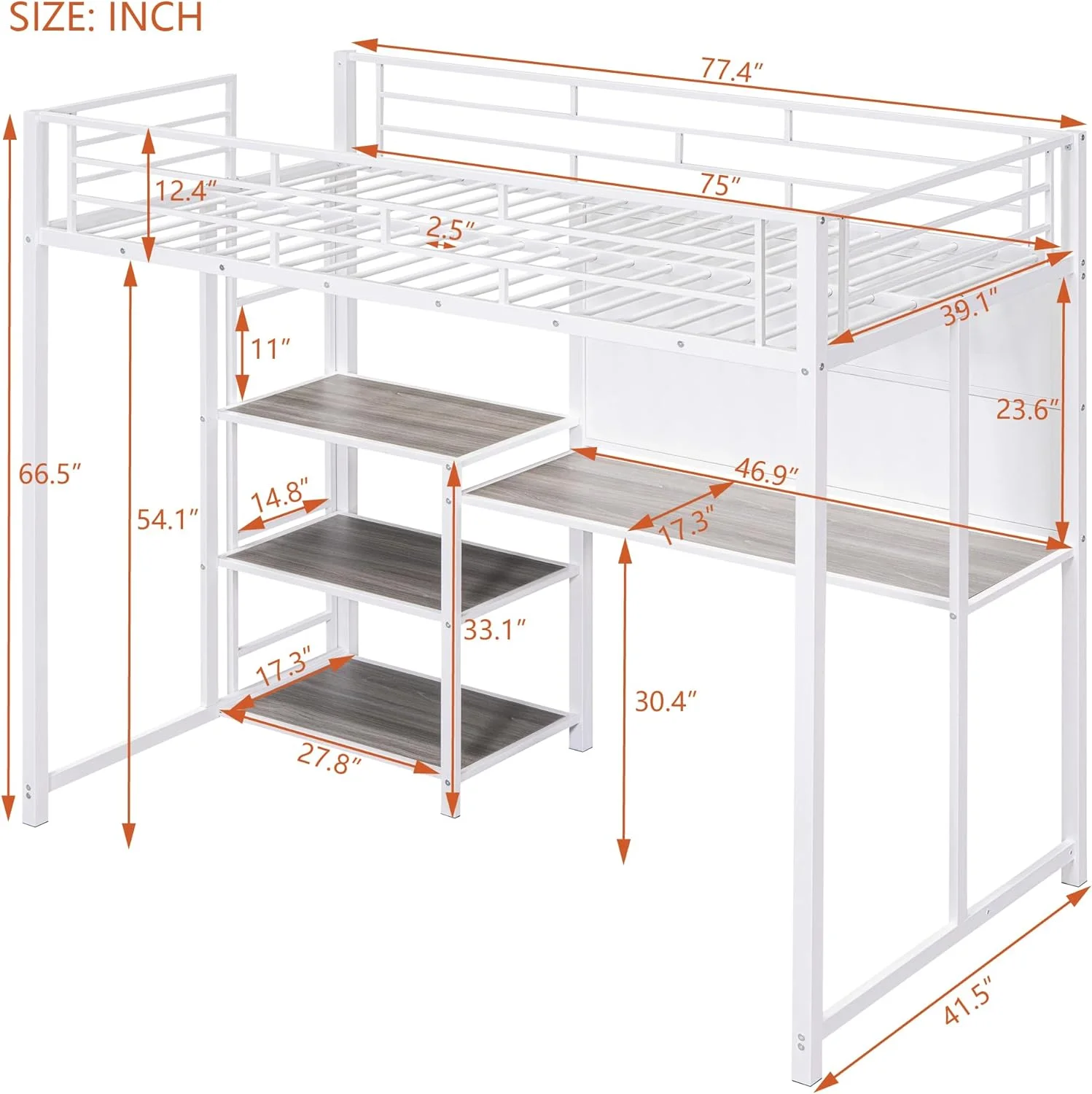 Loft Bed With Desk And 3 Shelves, Metal Size Loft Bed With Writing Board, Sapce Saving Loft Bed For Kids, Boys,Girls,Teens,White