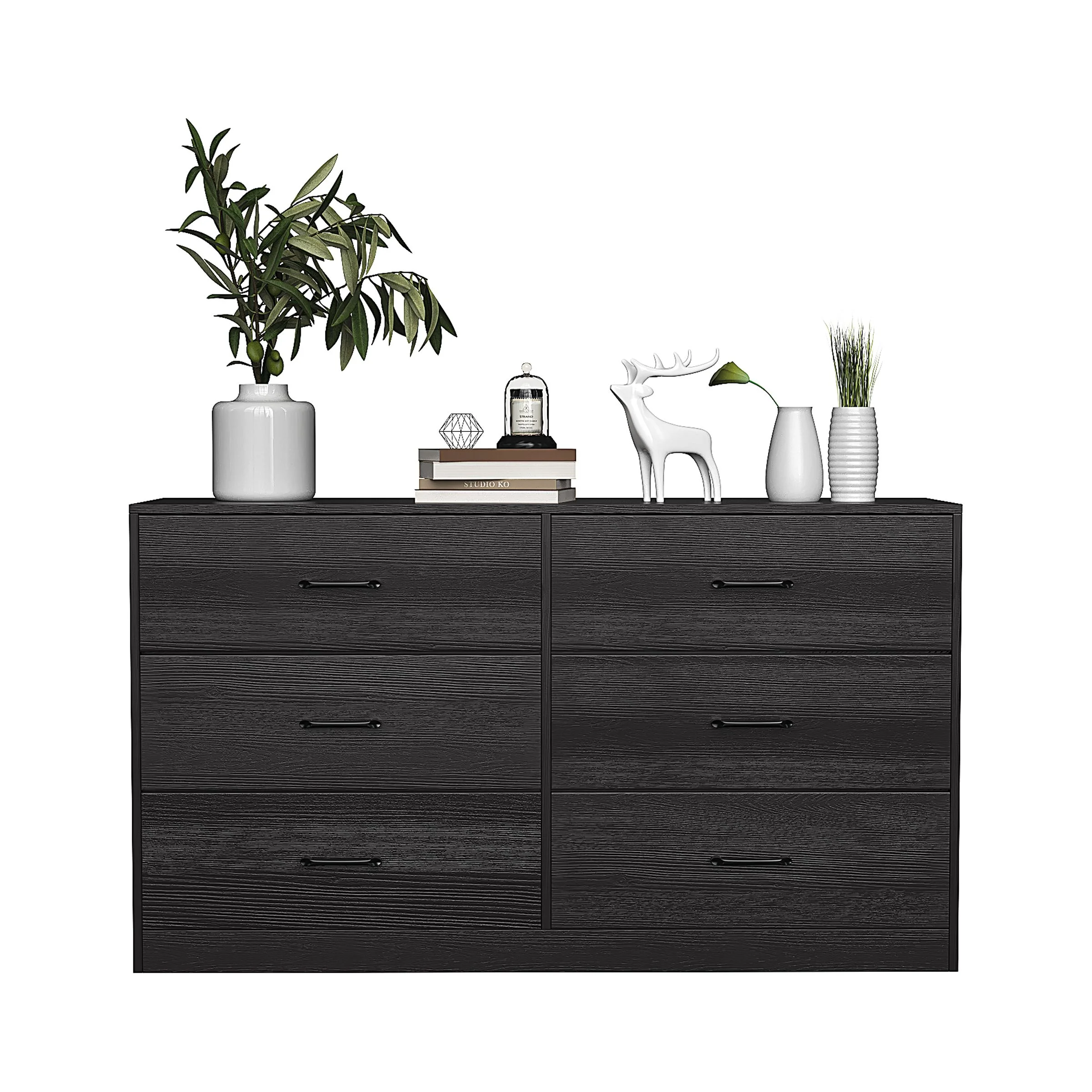 Oufan 6 Drawer Dresser for Bedroom, Modern Chest of Drawers Wood Storage Cabinet for Living Room Nursery Kitchen Office, Black