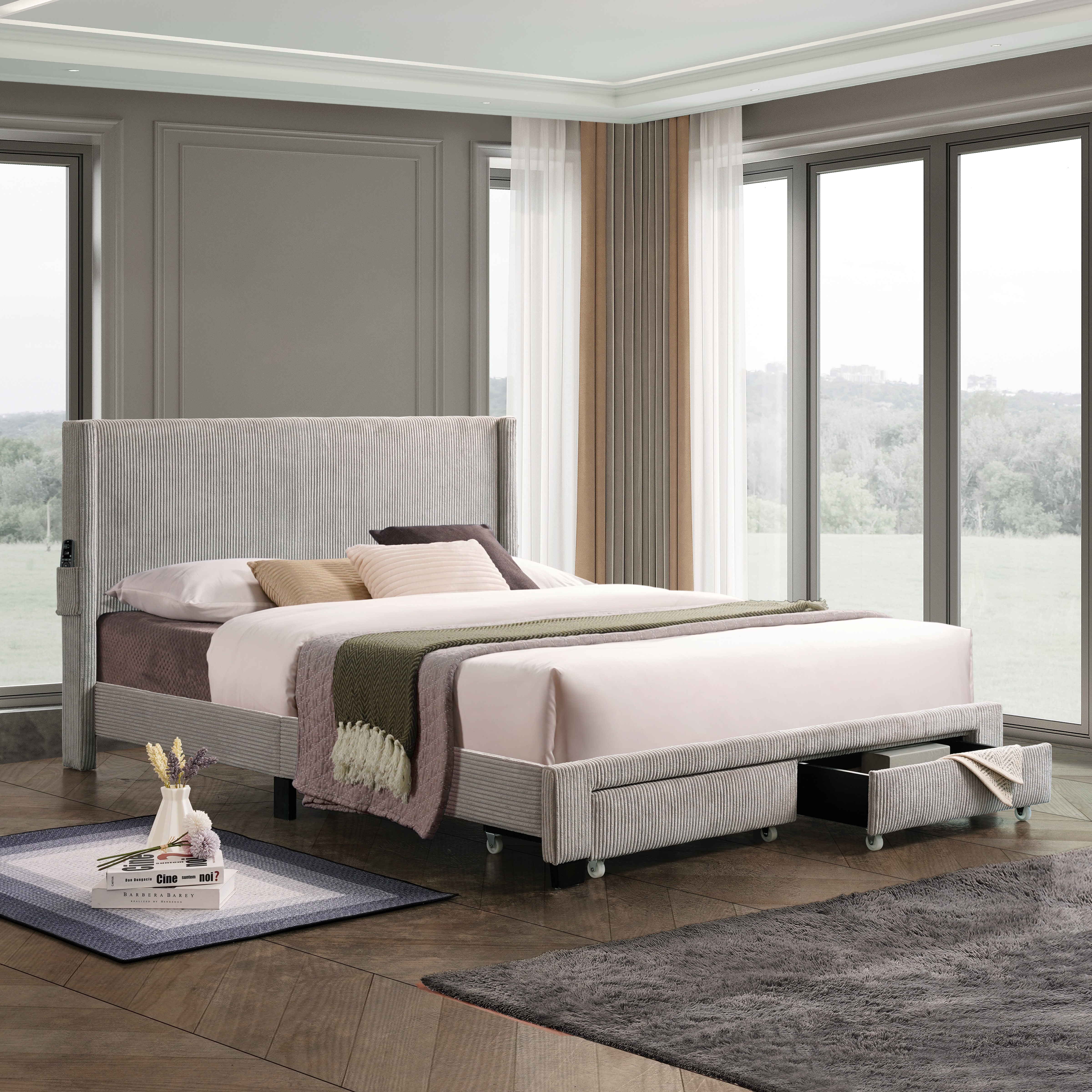 Stripe Velvet Queen Platform Bed with Wingback Headboard and Footboard Drawer - Contemporary Queen Size Bed Frame-Gray
