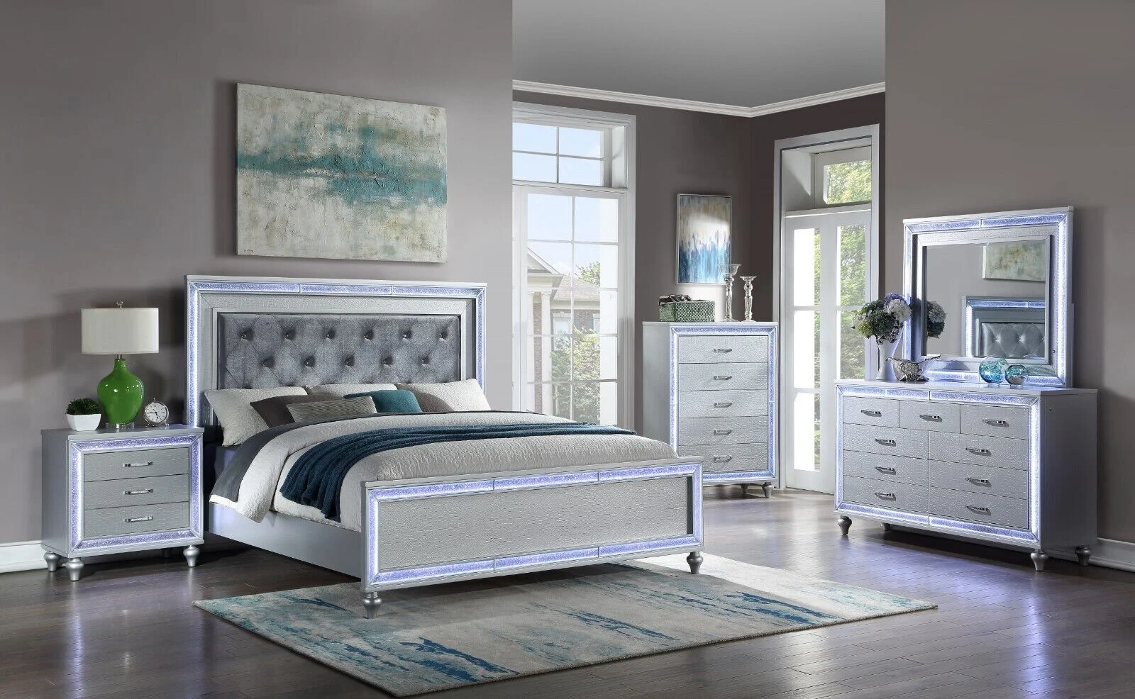 Contemporary 4pc Queen Size Upholstered Bed Dresser Mirror Nightstand Wooden Master Bedroom LED Lights Set Silver Finish