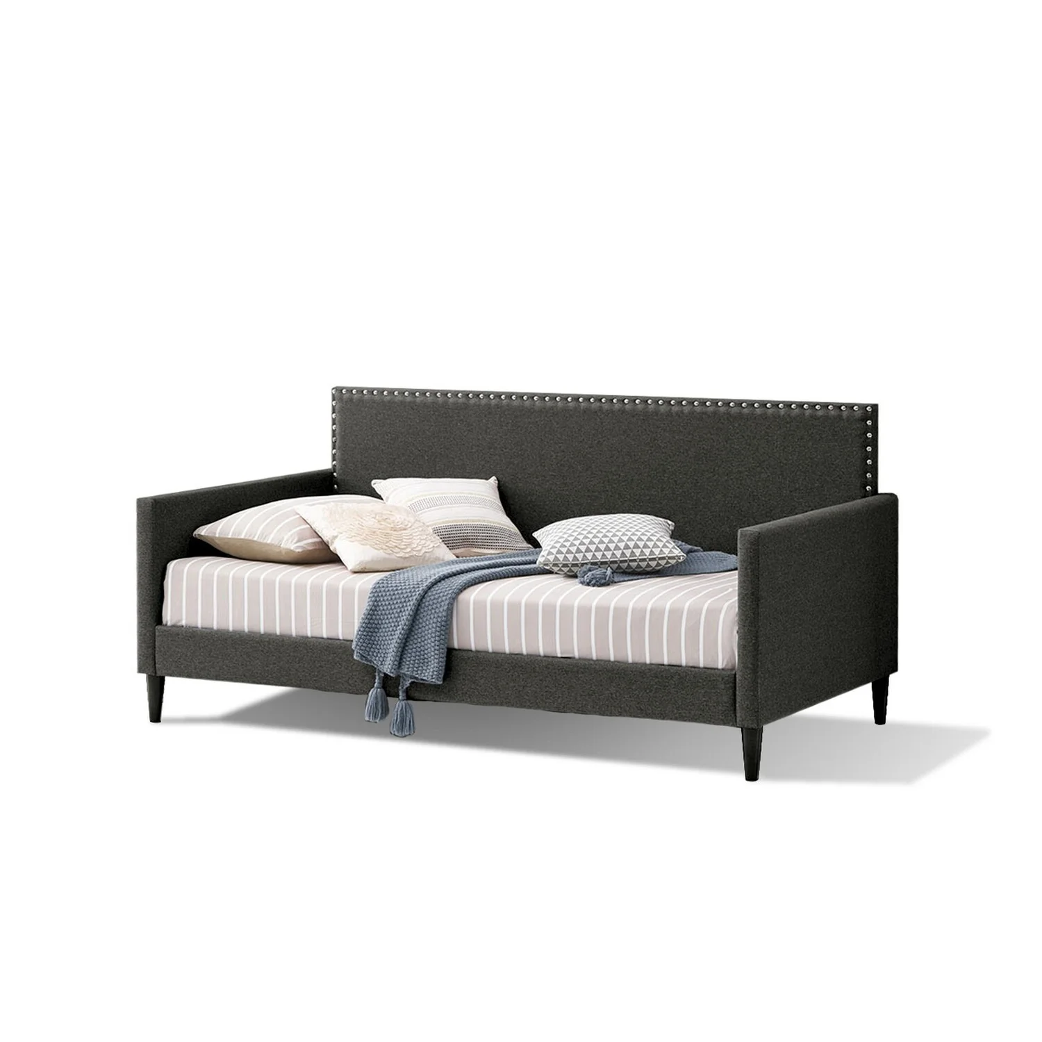Benjara BM283219 Ava Daybed- Softly Upholstered Polylinen, Nailhead Trim, Dark Gray