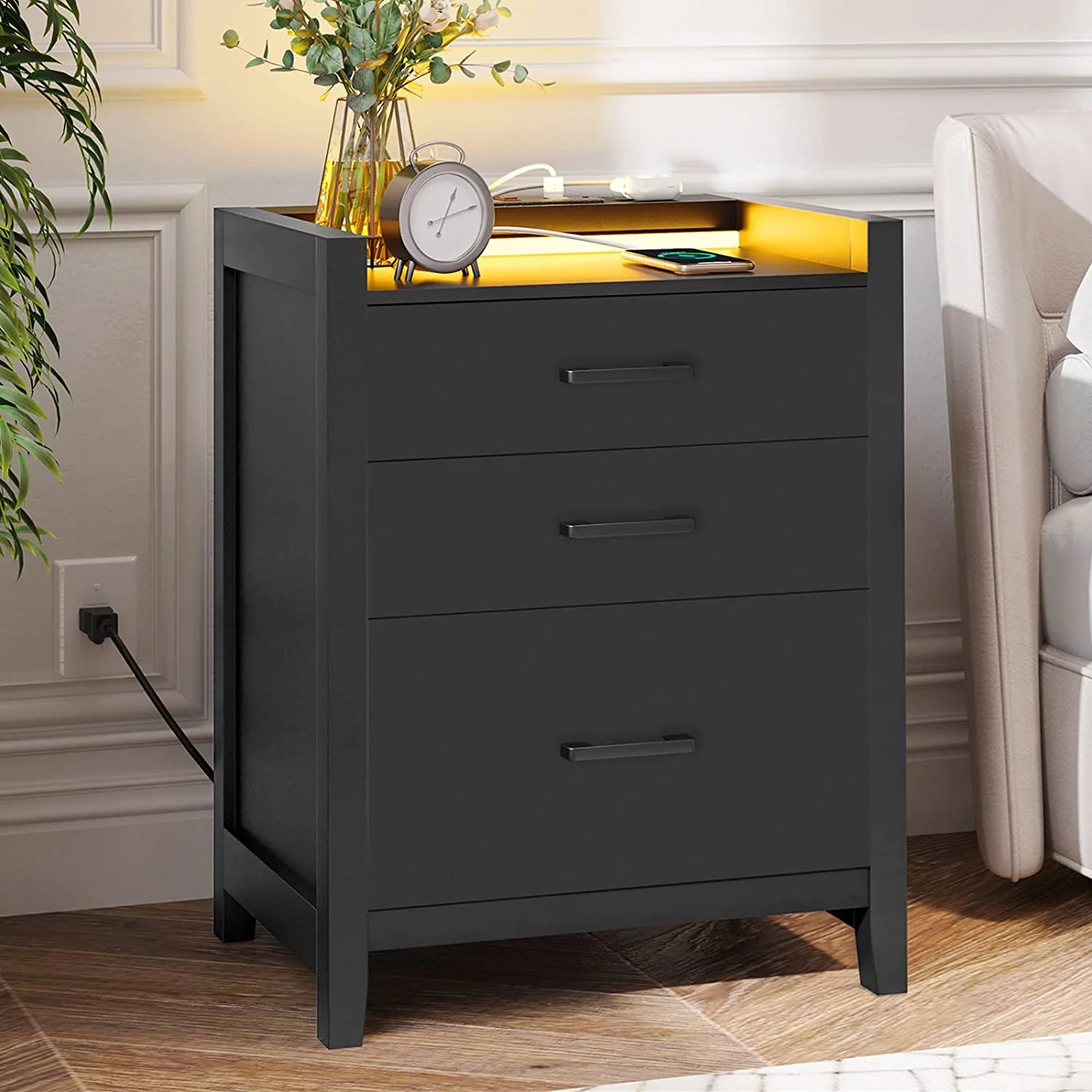 2 Pieces LED Nightstand, 3 Drawers Bedside End Table with Charging Station for Modern Bedroom/Living Room, Black