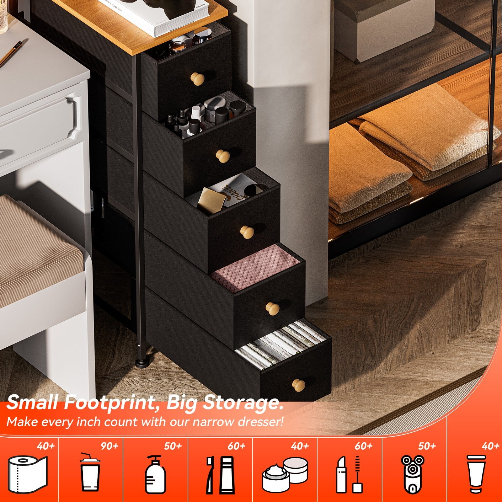 5 Narrow Drawers Dresser for Bedroom, Bathroom, Vanity, Black, Wood Top 5-drawer
