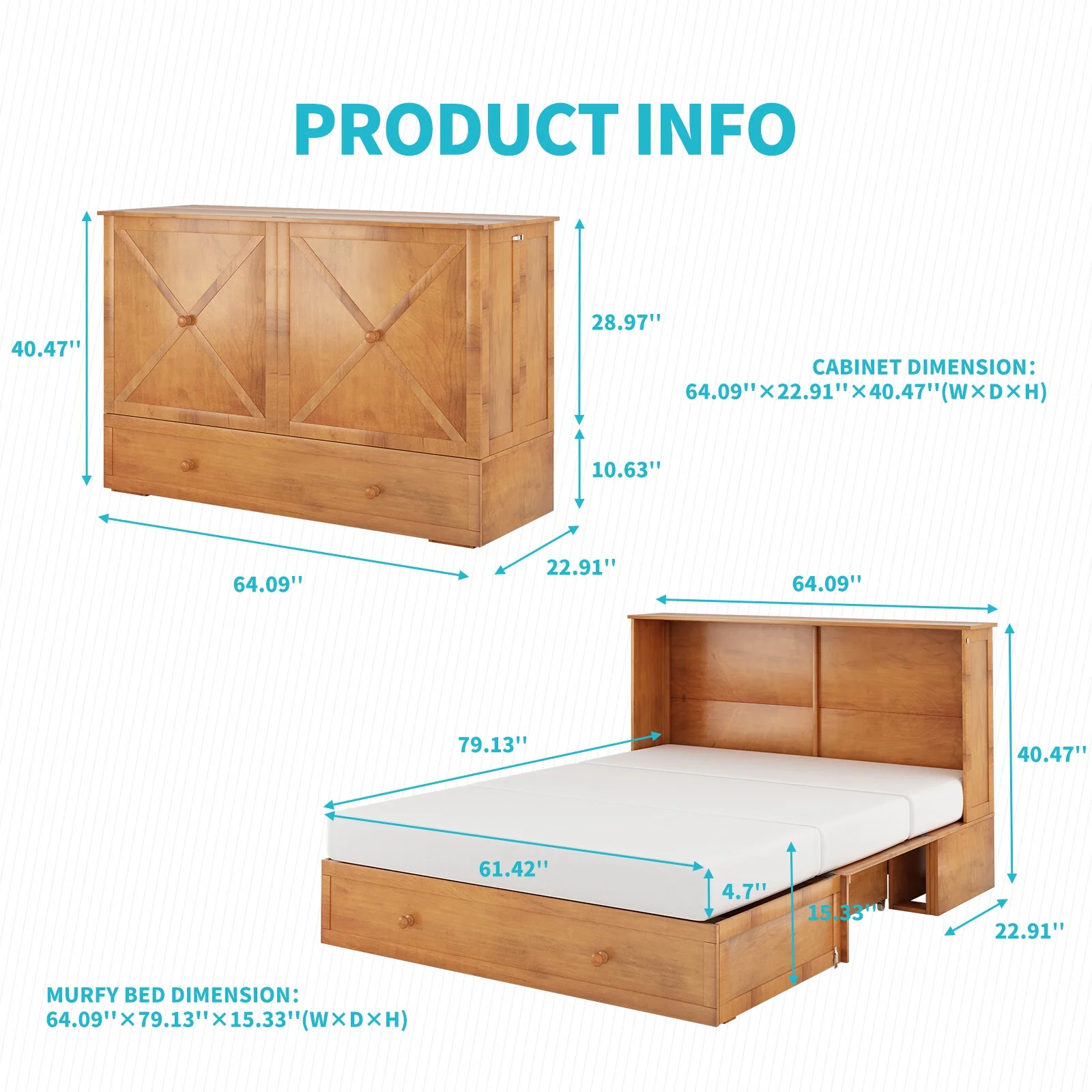 CECER Murphy Bed Chest, Cabinet Bed with Trifold Foam Mattress, Queen Murphy Cube Cabinet Bed with USB Charging Station and Large Storage Drawers for Bedroom/Office-Cherry