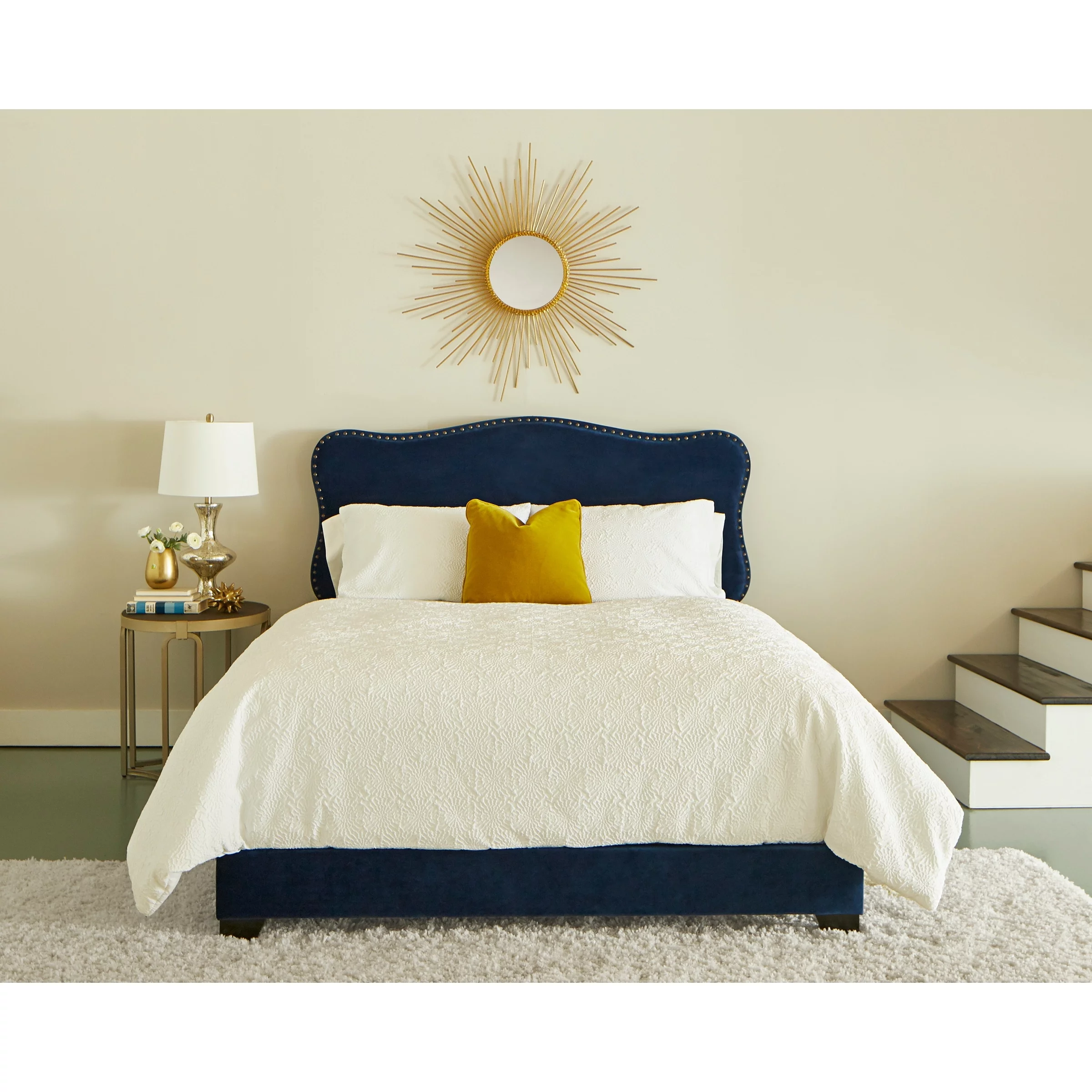 Avenue 405 York Transitional Blue Velvet Upholstered Bed with Scalloped Headboard King