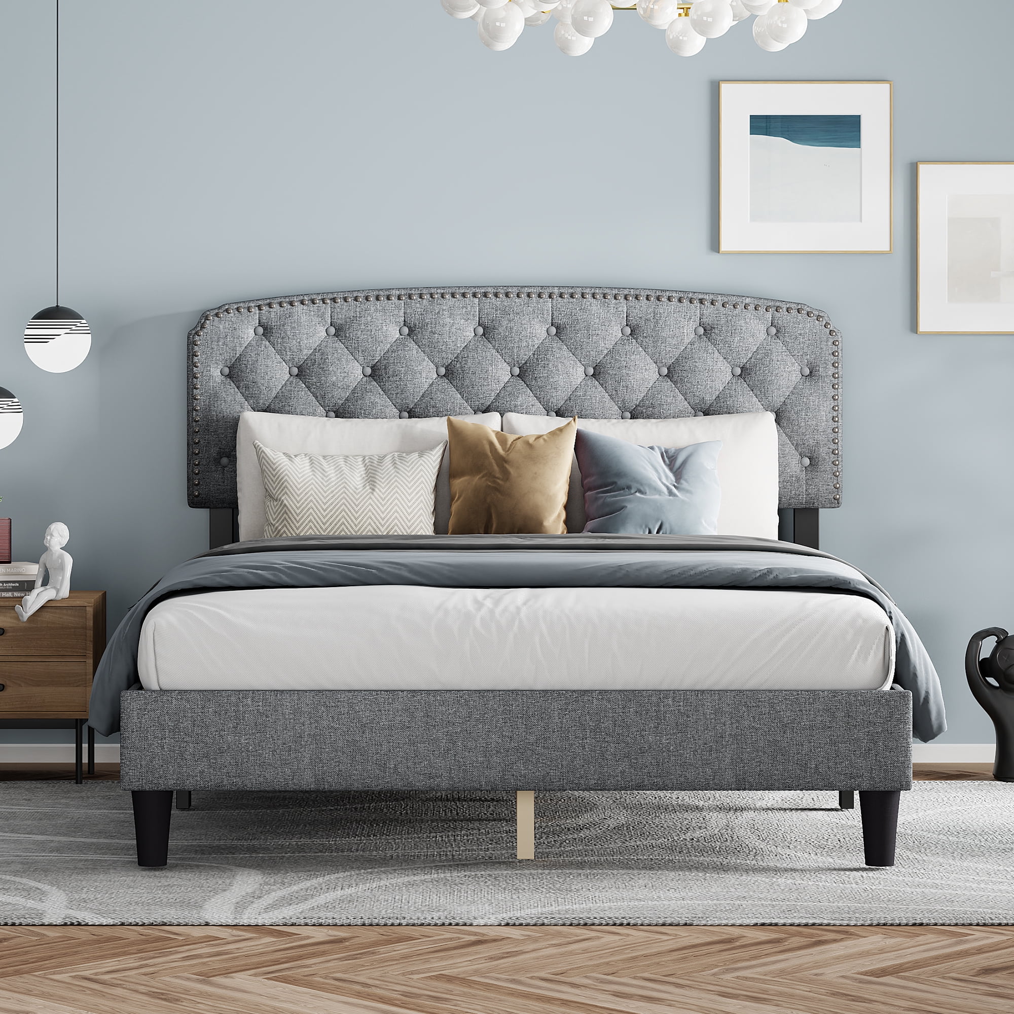 Queen size Adjustable Headboard with Fine Linen Upholstery and Button Tufting for Bedroom, Wave Top LIGHT GREY