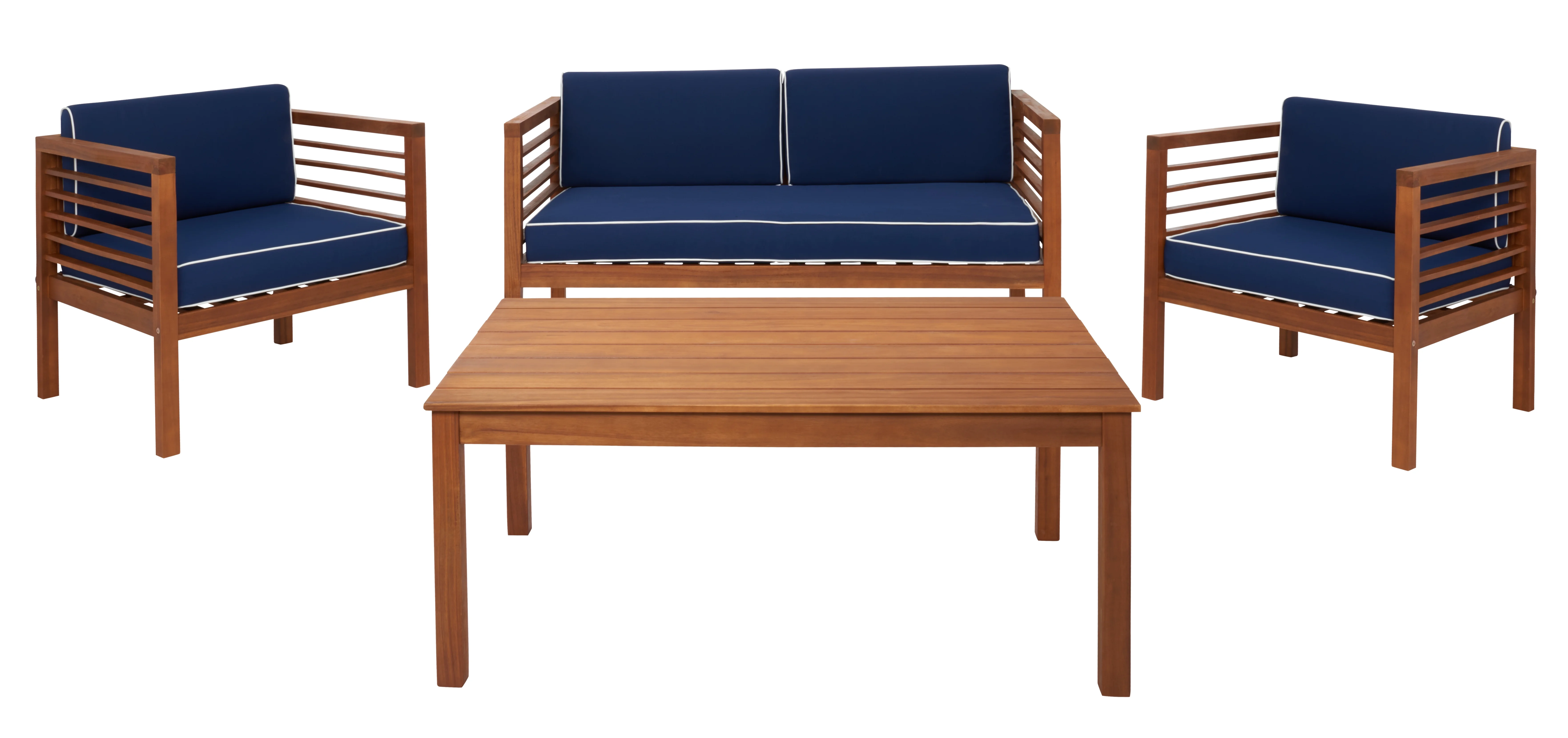 SAFAVIEH Alda Outdoor Patio 4 Piece Conversation Set, Natural/Navy