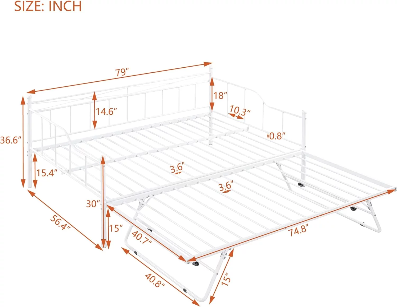 Full Metal Daybed With Adjustable Trudle, Heavy-Duty Steel Full Size Daybed With Pull Dow Trudle Bed Space Savig Desig (Portable Foldig Trudle, White)