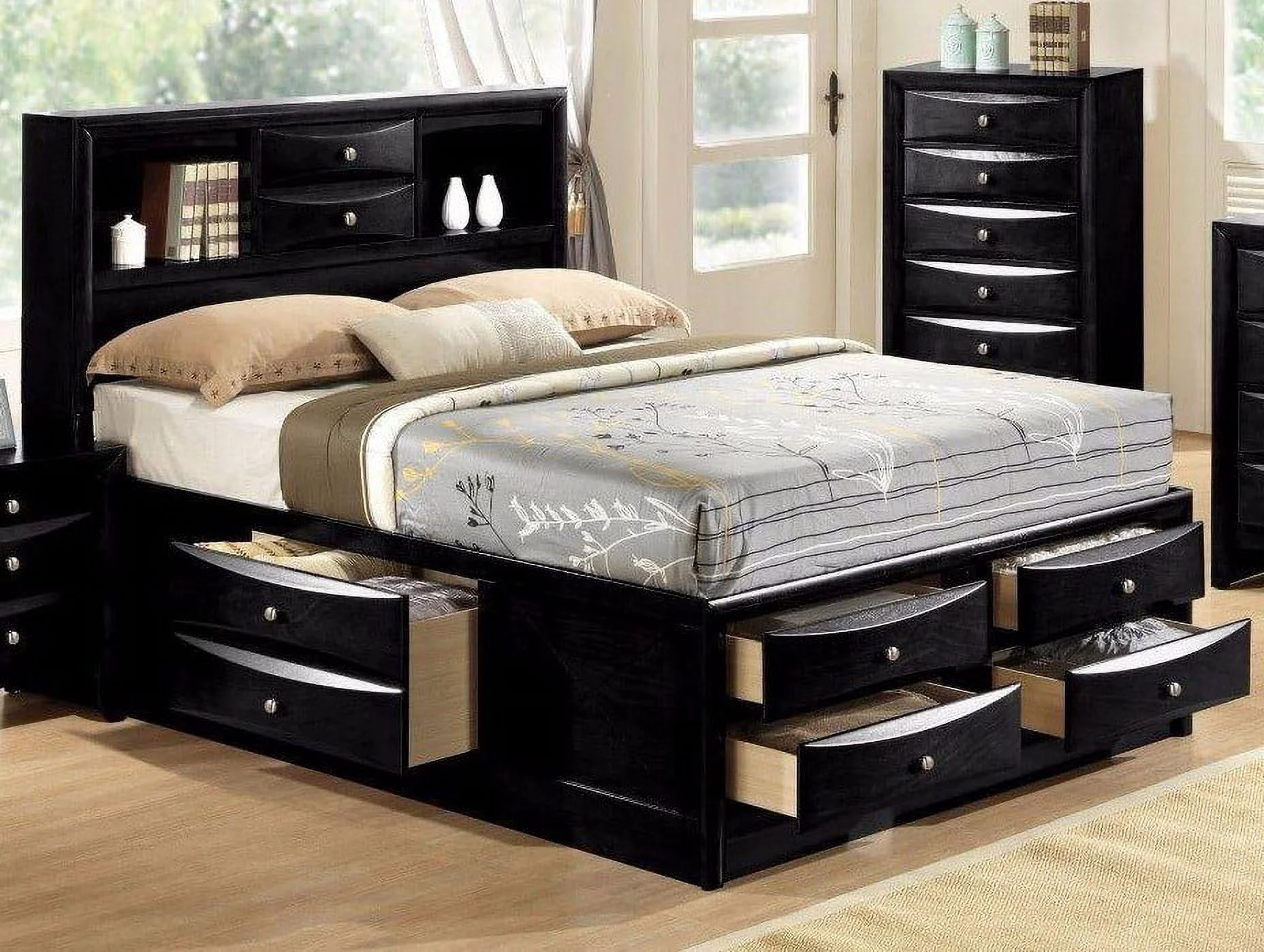 Transitional Black Finish 1pc Queen Size Bed 8 Storage Drawers Hardwood Bedroom Furniture