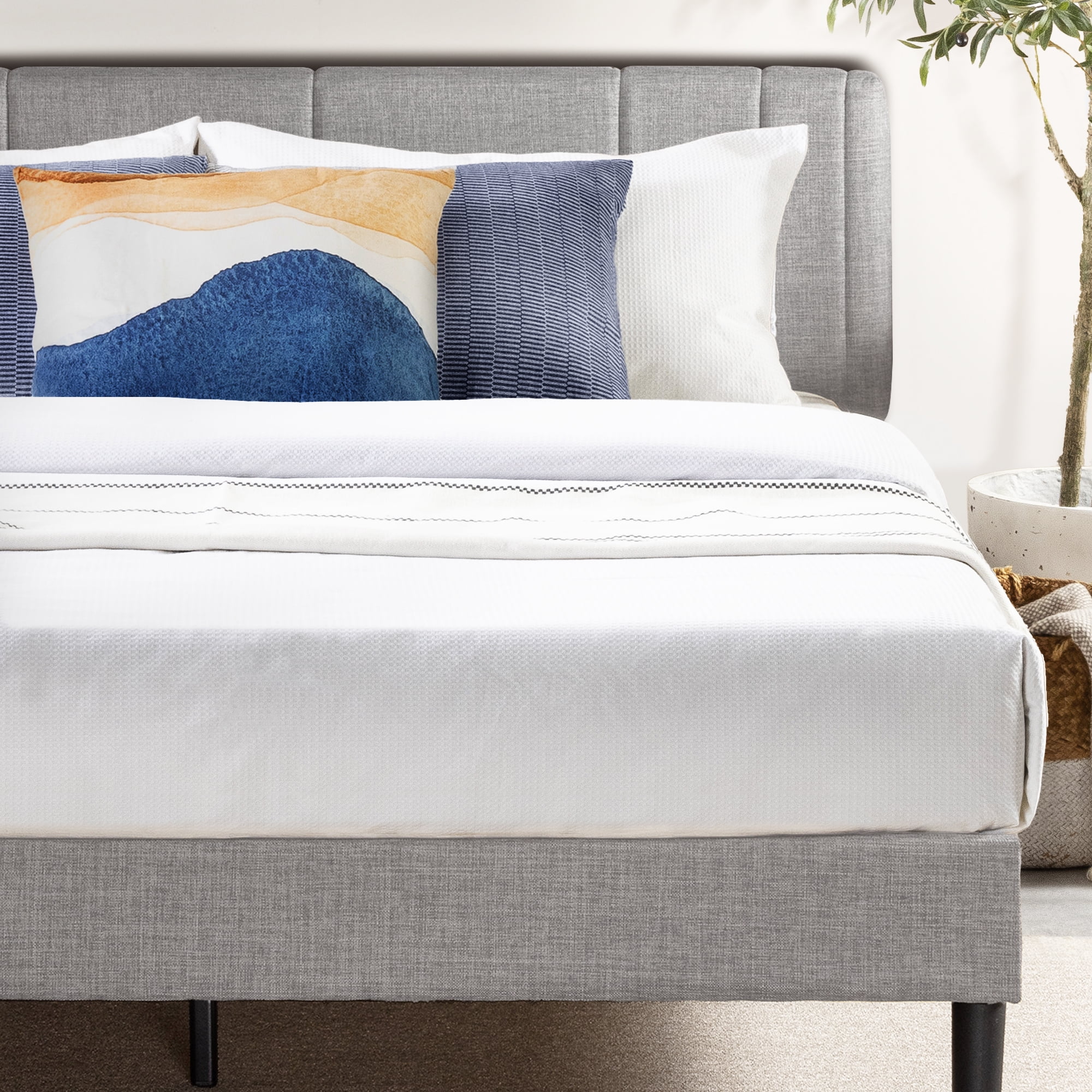 Mellow Soley Upholstered Platform Bed Frame with Headboard, Light Grey, Queen