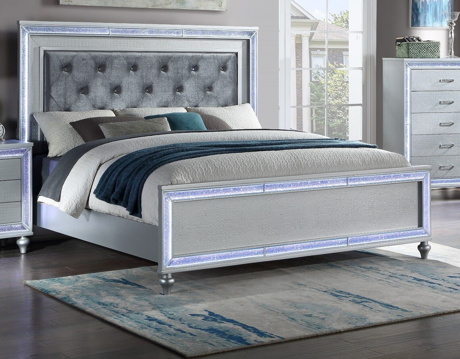 Contemporary 4pc Queen Size Upholstered Bed Dresser Mirror Nightstand Wooden Master Bedroom LED Lights Set Silver Finish