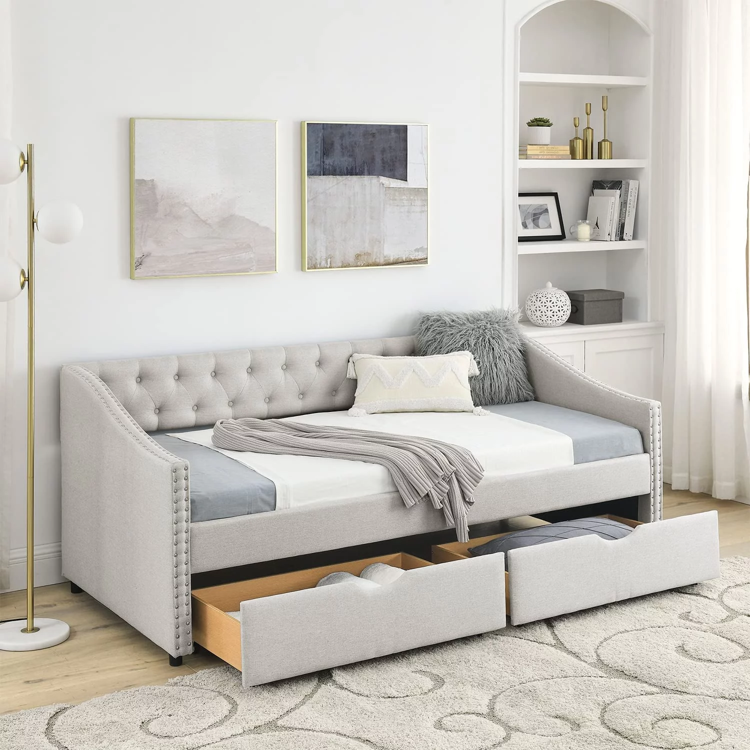 Muumblus Twin Size Kids Daybed with Drawers, Modern Upholstered Tufted Sofa Bed for Bedroom & Living Room, Button Back and Waved Shape Arms,Beige