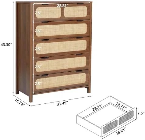 KHBIULIFE 5 Drawer Chest Dresser Rattan Tall Dresser 5 Chest of Drawers for Bedroom Wood Cane Cabinet with Metal Handles for Living Room Hallway Nursery (Black)