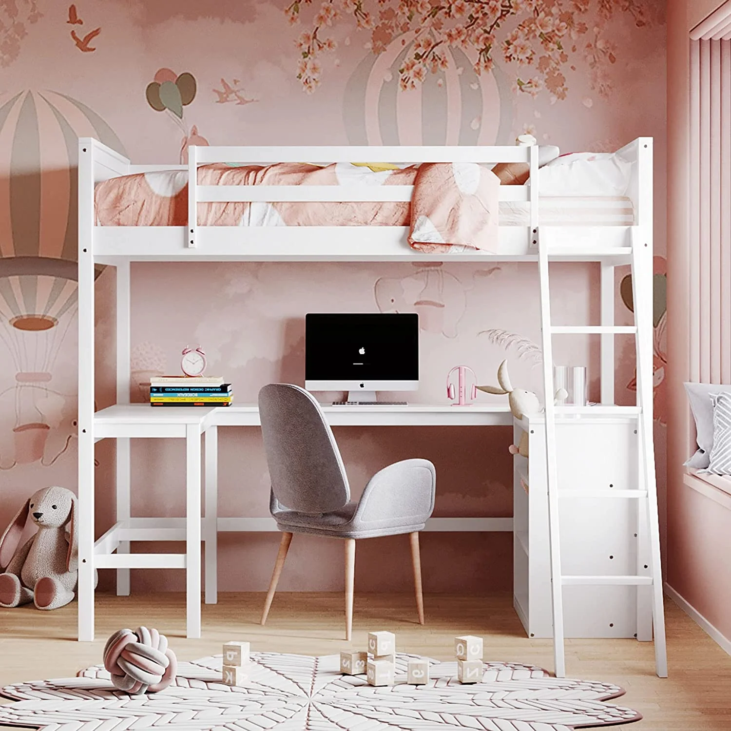Size Loft Bed With Storage Shelves And Desk,Multifunctional Wooden Loft Bed Frame With Ladder For Kids And Adults, Bedroom, Dorm, No Box Spring Required(White)