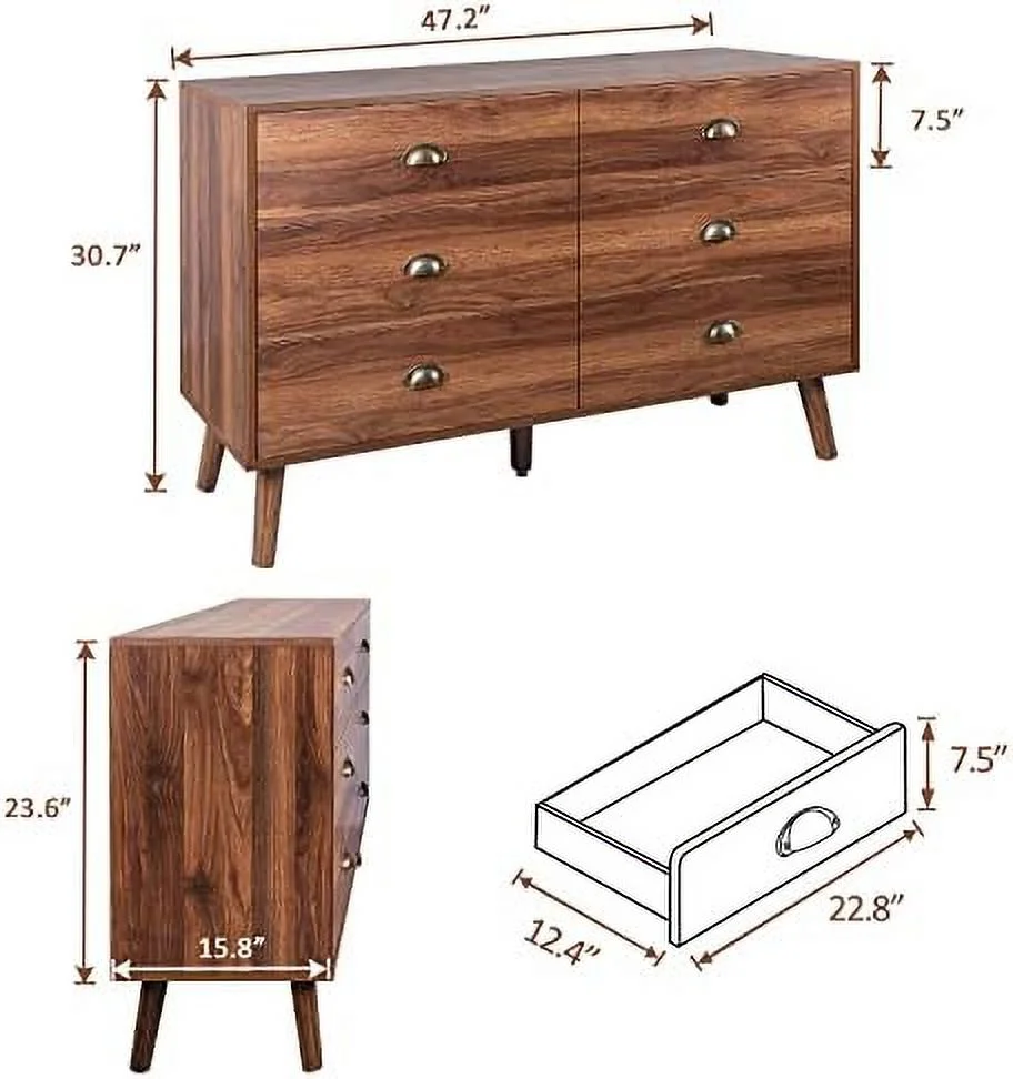 6 Drawer Dresser with Metal Handle for Bedroom Mid-Century Walnut Wood Dresser Chest of Drawers for Living Room Hallway