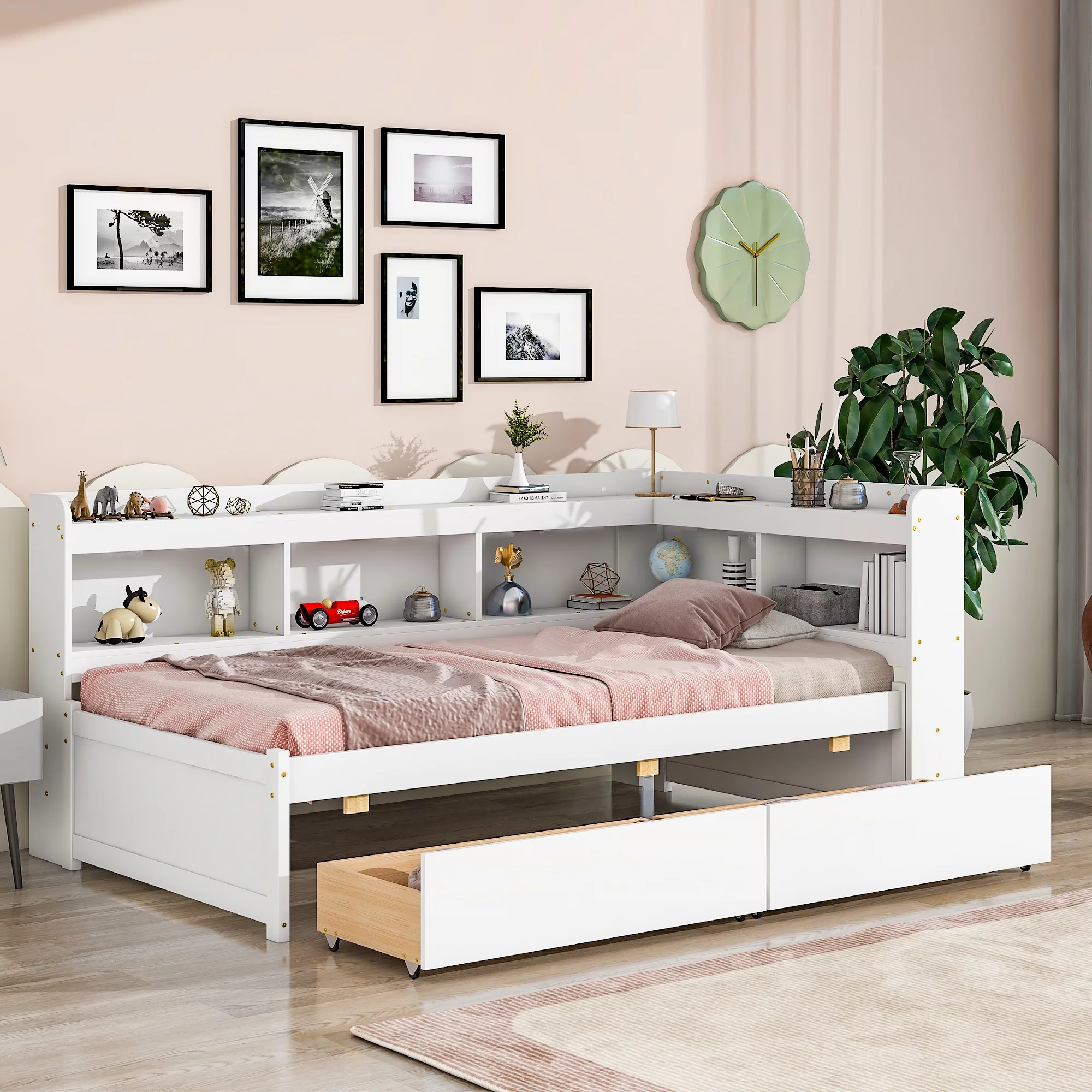 Bellemave Twin Size Platform Bed with L-shaped Bookcases and Drawers Twin Storage Platform Bed Frame with Built-in Shelves for Kids, Teens, Boys, Girls, No Box Spring Needed, White