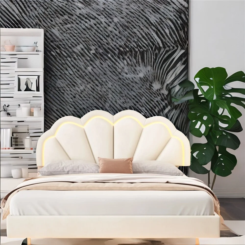BESTCOSTY Upholstered Smart LED Bed Frame with Elegant Flowers Headboard Beige