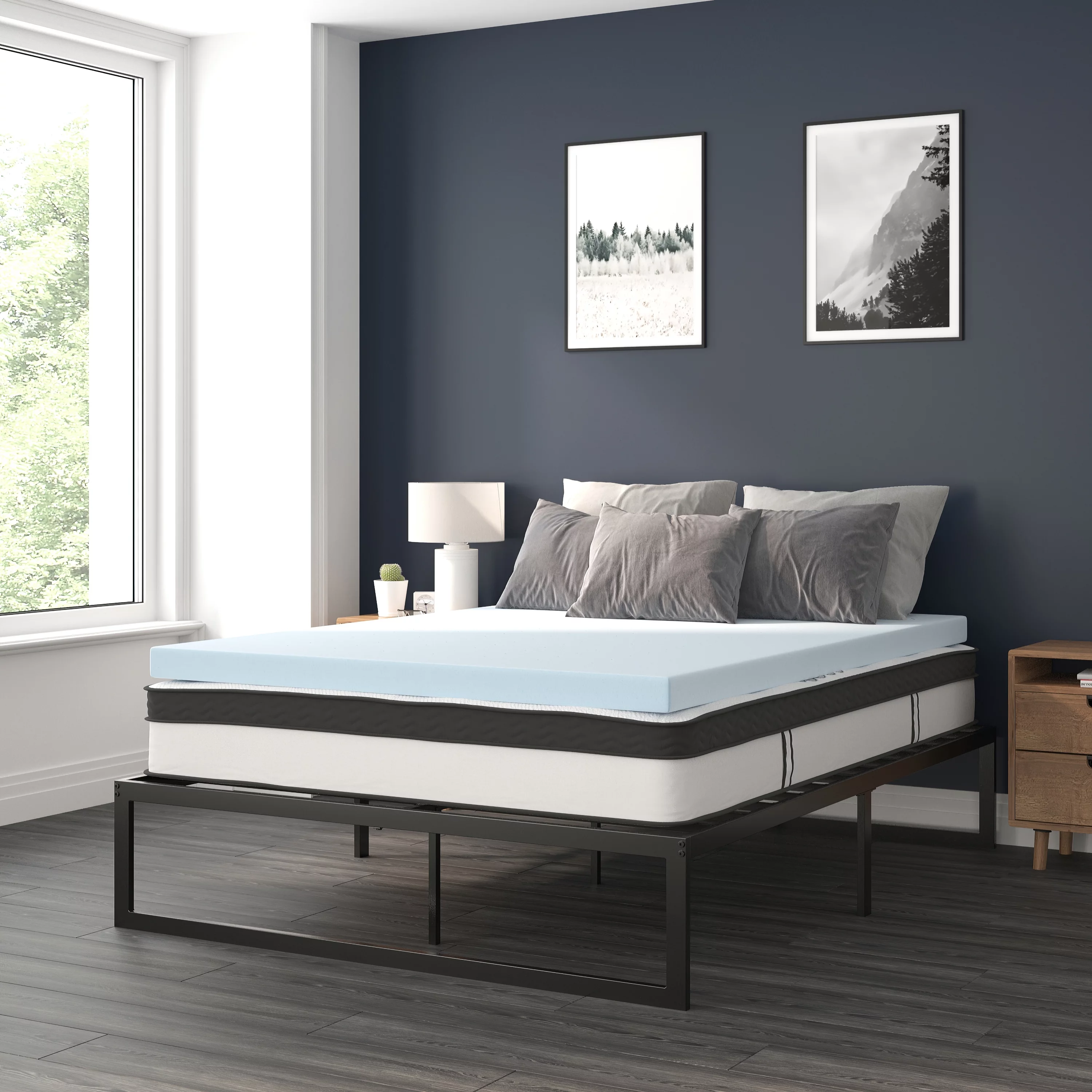 BizChair 14 Inch Metal Platform Bed Frame with 10 Inch Pocket Spring Mattress in a Box and 3 inch Cool Gel Memory Foam Topper - Queen