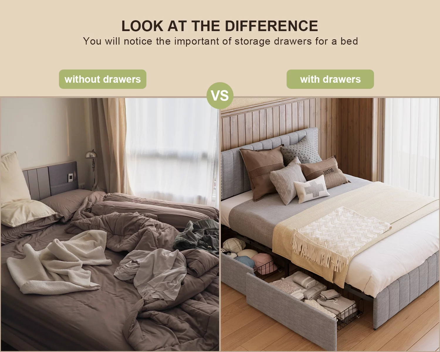 Lofka Bed Frame Queen Size with 4 Storage Drawers and Adjustable Headboard, Queen Bed with Light Grey Finish