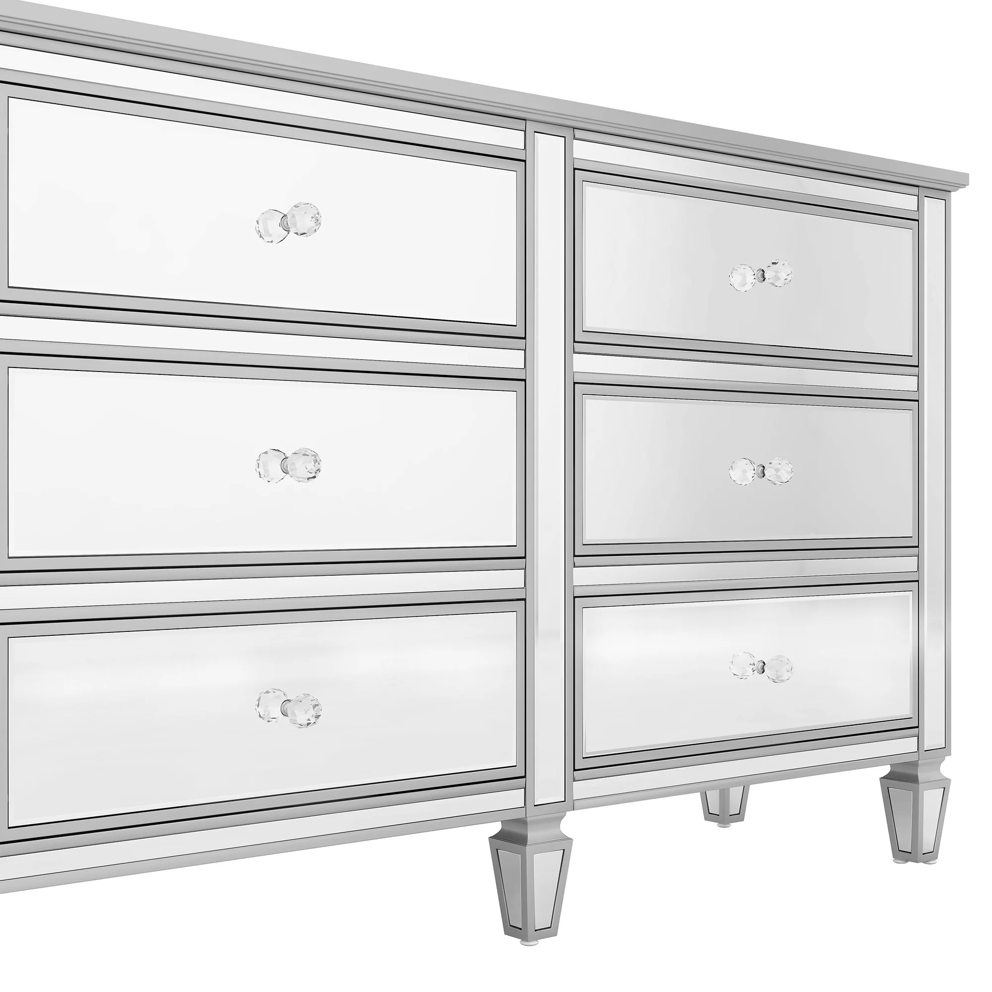 LANTRO JS Elegant Mirrored Dresser with 6 Drawers, Modern Silver Finished Dresser 56.1“L x 18.1