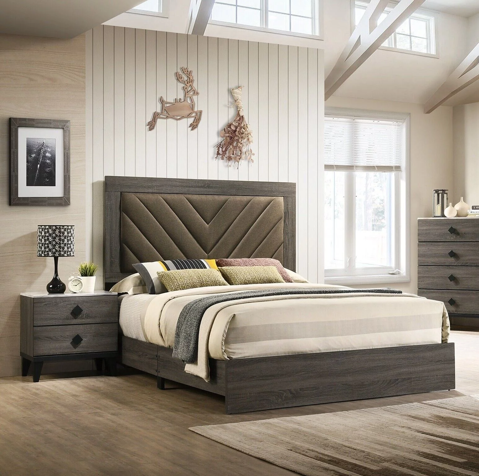 Eastern King Size Bed And 2x Nightstands Gray Finish Transitional Wooden Bedroom Tufted Headboard Bedframe 3pc Furniture Set