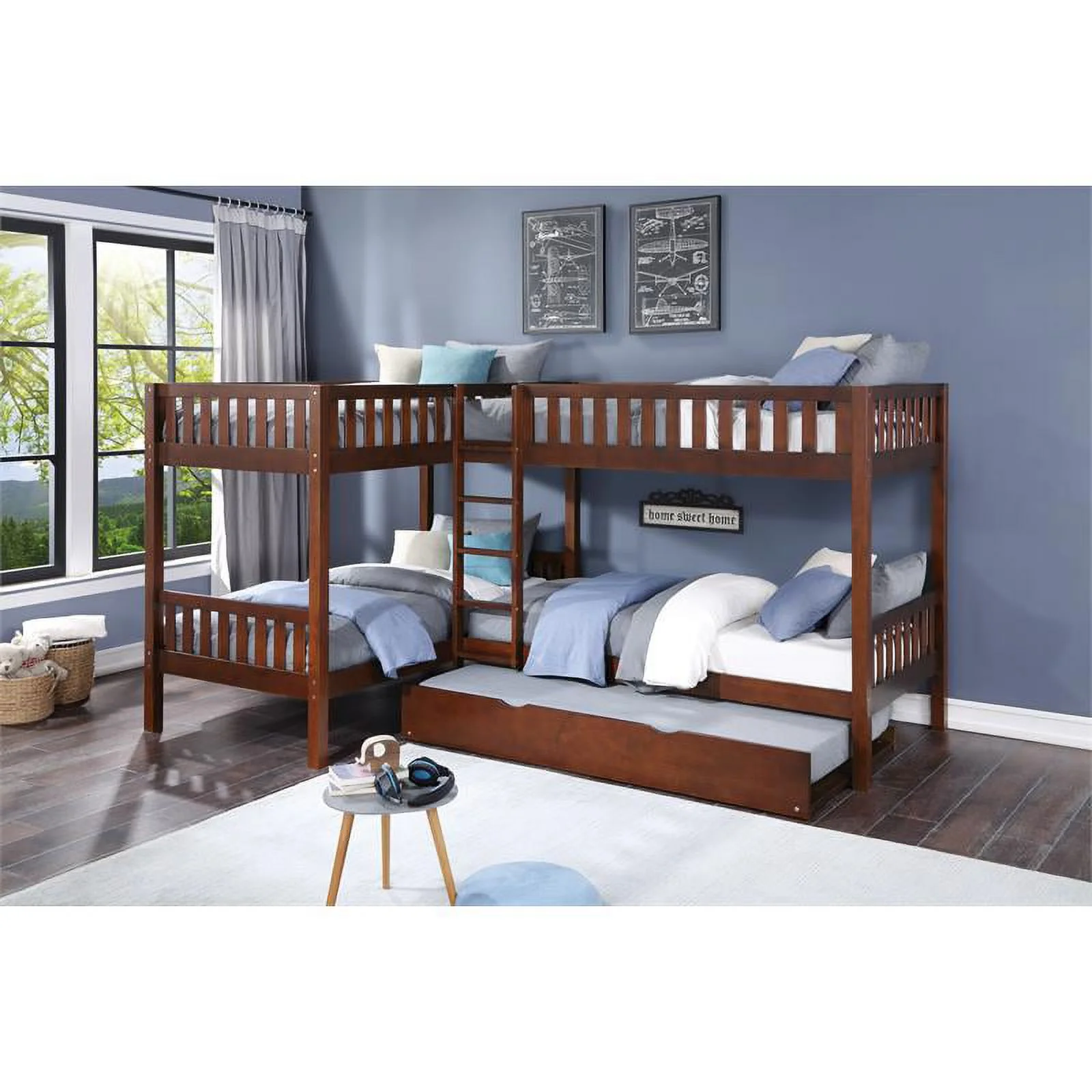 Lexicon Rowe Transitional Wood Corner Bunk Bed with Twin Trundle in Dark Cherry