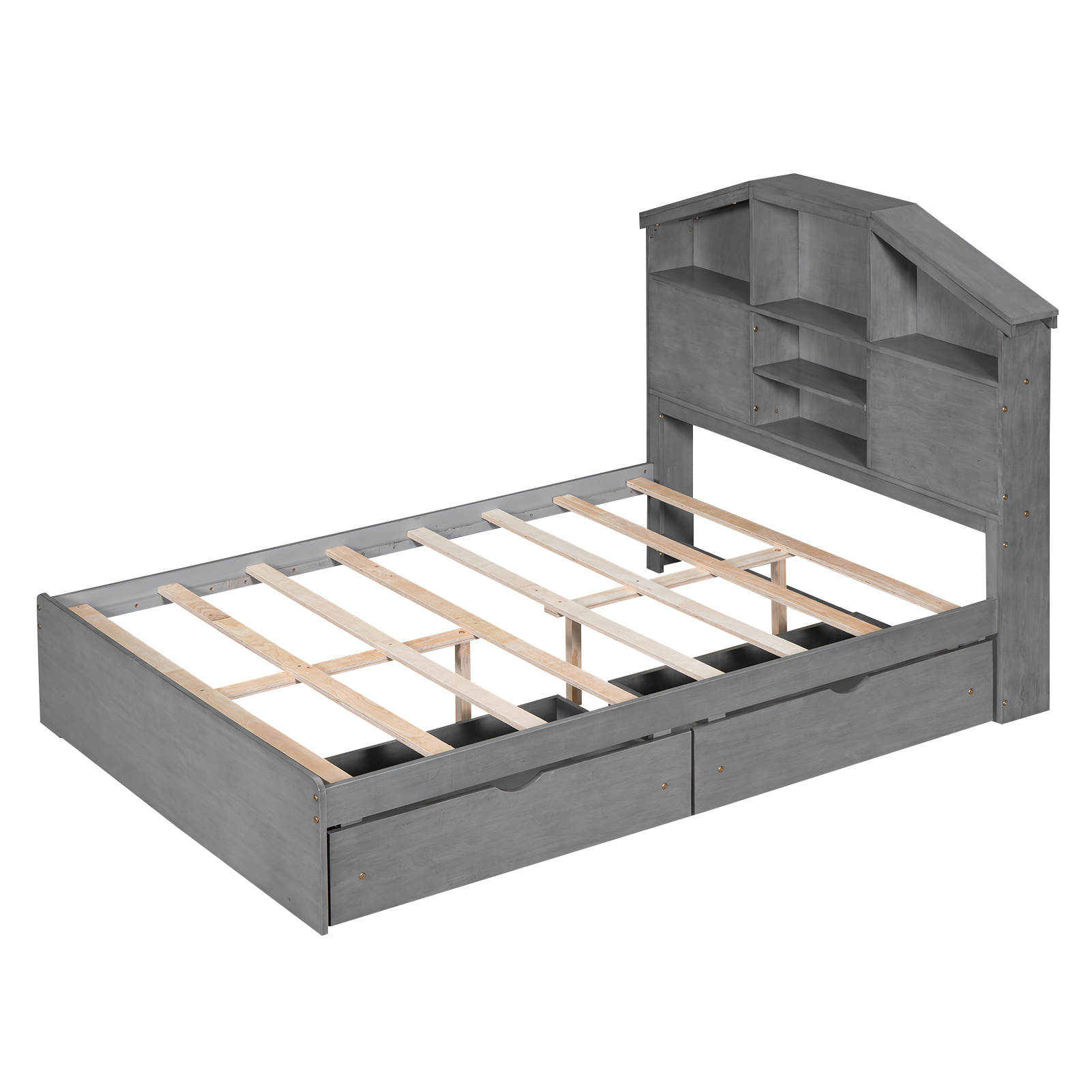 Full Size Wood Platform Bed with House-shaped Storage Headboard and 2 Drawers, Gray