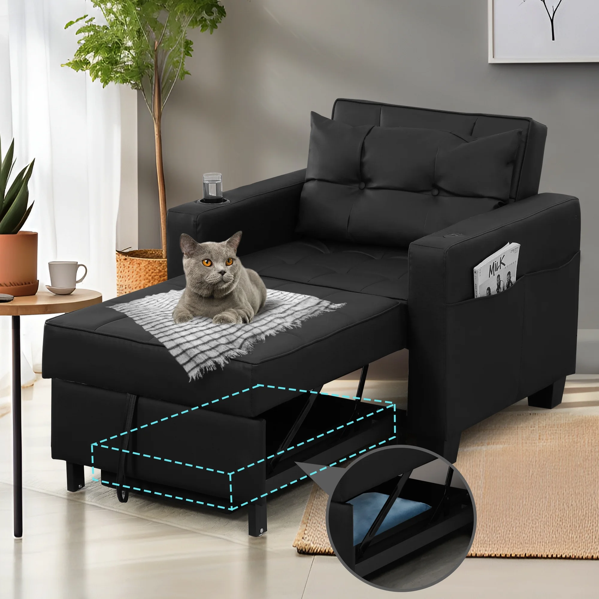 Pull Out Convertible Sleeper Sofa Bed with Storage USB Port Cup Holder Side Pocket Pillow Adjustable Backrest, Black