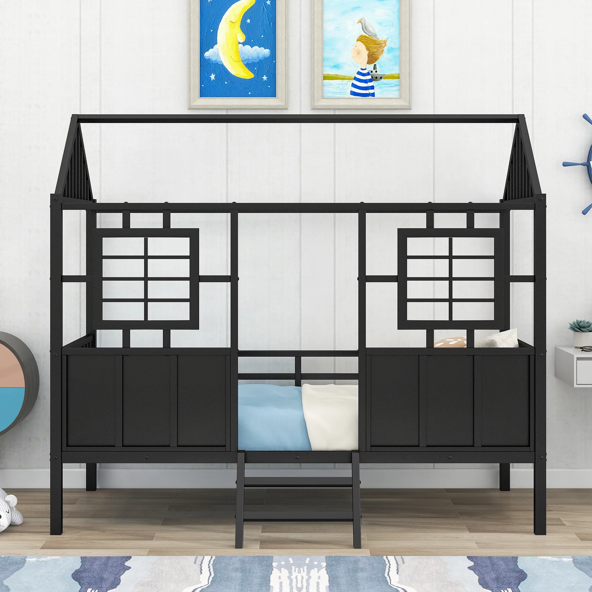 CoSoTower Twin Size Metal Low Loft House Bed with Roof and Two Front Windows , Black