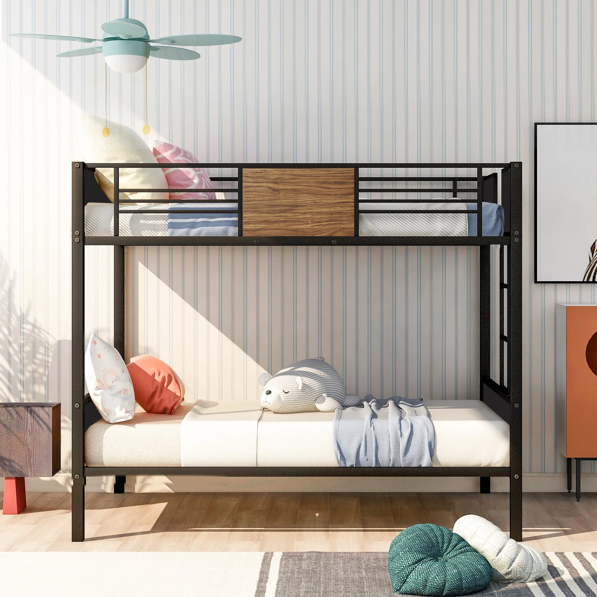 Full Over Full Bunk Bed Study Metal Bed Frame with Ladder and Safety Rails Home Bedroom Furniture Space Saving Design for Kids Students Boys Girls, Black