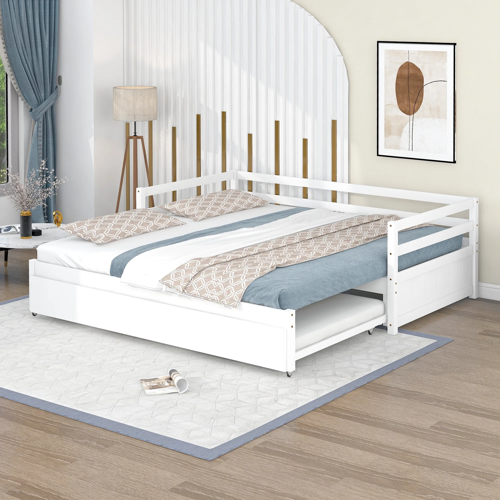 EUROCO Twin Size Daybed, Convertible Double Twin Size with Trundle, White