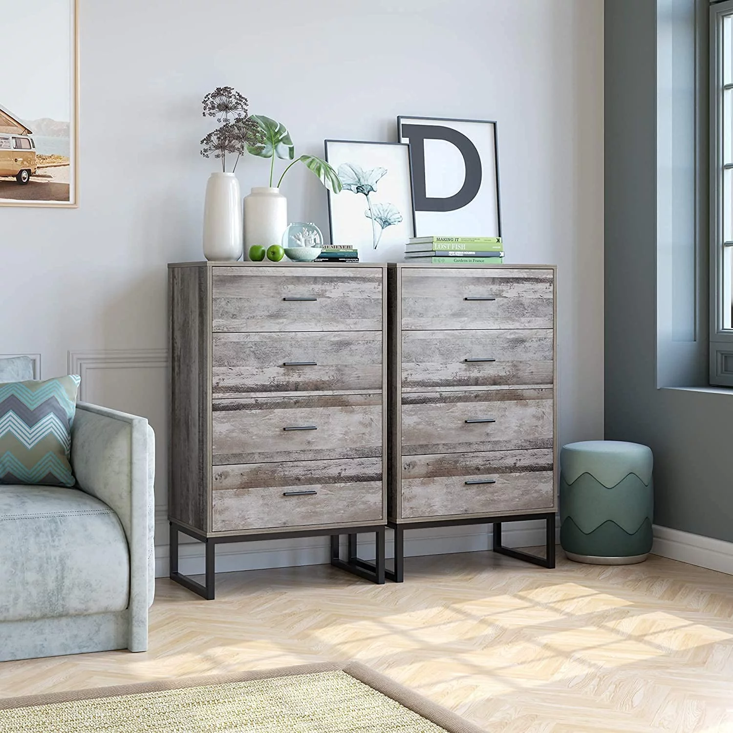Homfa 4 Drawer Dresser, 23.6'' W Wide Chest of Drawers, Wood Storage Nightstand for Living Room, Classic Gray