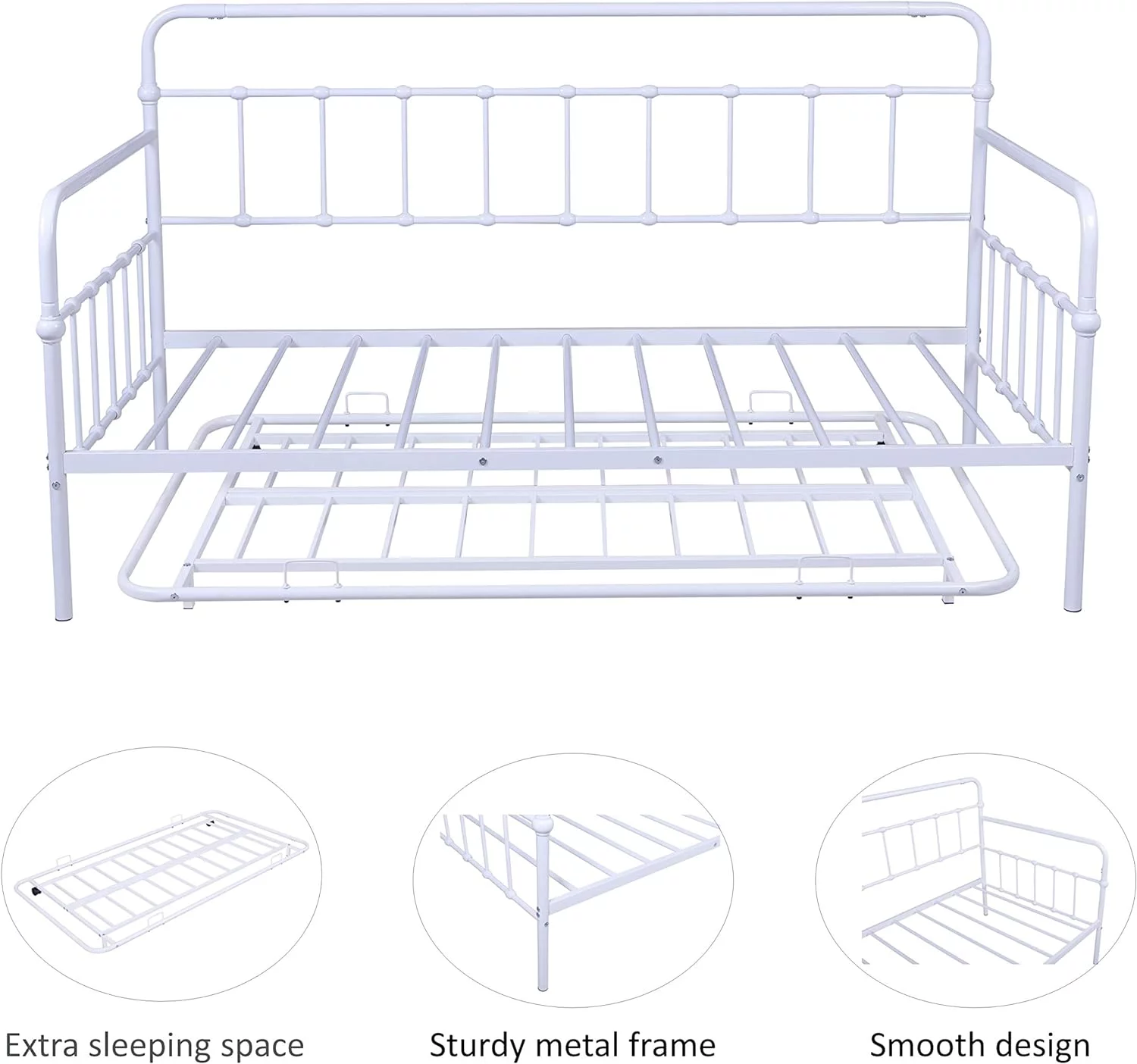 Size Daybed, Metal Frame Daybed With Trundle Bed, Size Daybed Frame For Kids, Teens, Adults, No Box Spring Needed (White)