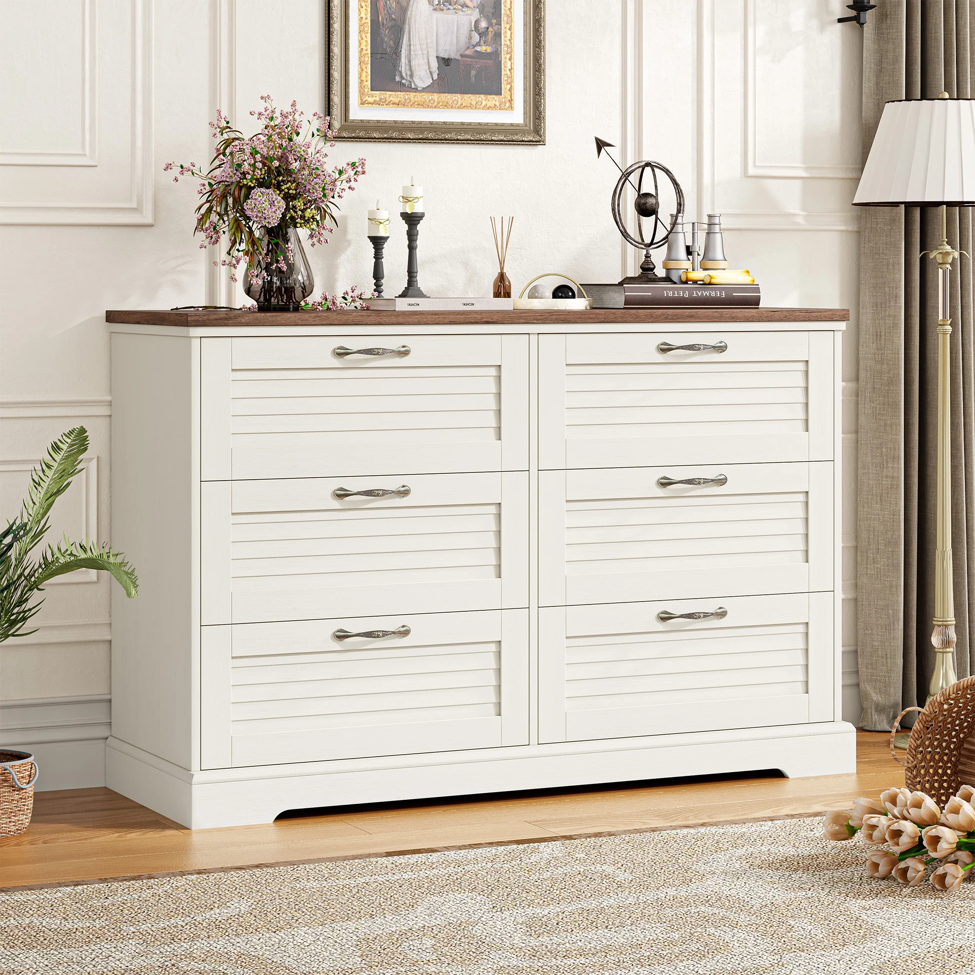 Homfa 6 Drawer Double Dresser for Bedroom, Farmhouse White Dresser Wood Storage Cabinet with Oak Wide Top for Living Room