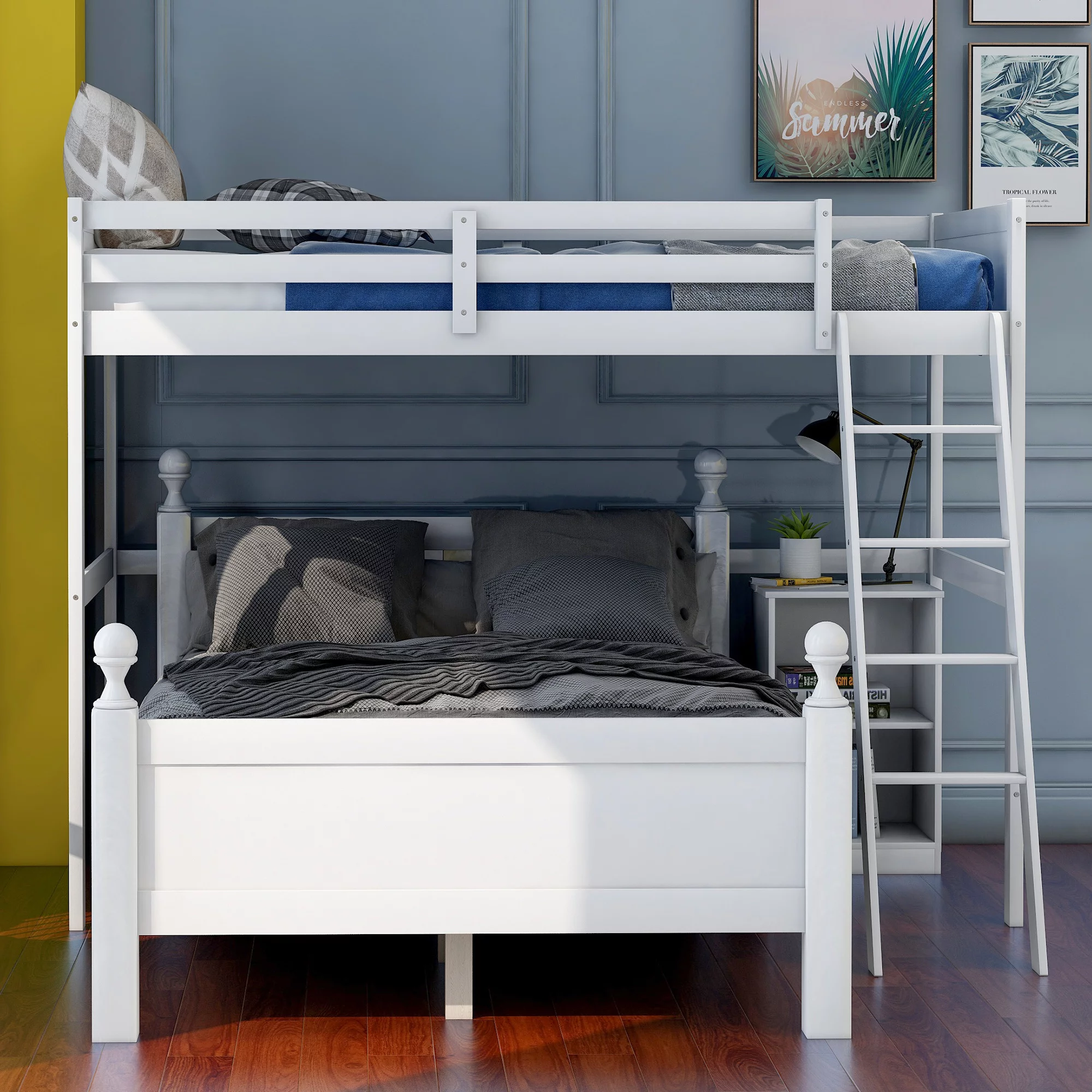 LANTRO JS Twin over Full Loft Bed with Cabinet, White