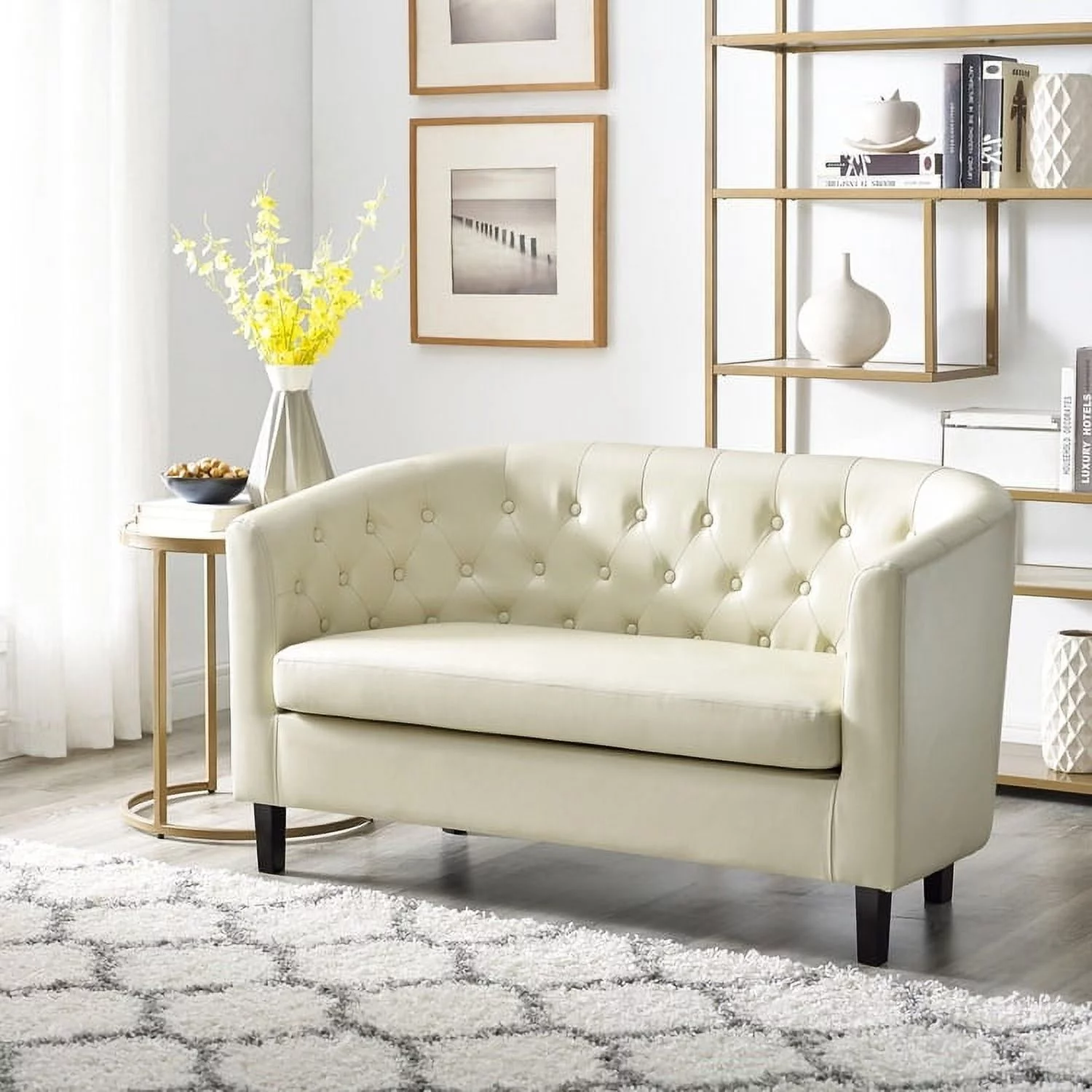 Emma Loveseat Button Tufted Faux Leather Barrel Loveseat, Midcentury Modern Loveseat, Comfy Loveseat Sofa, Tub Barrel Loveseats Cream