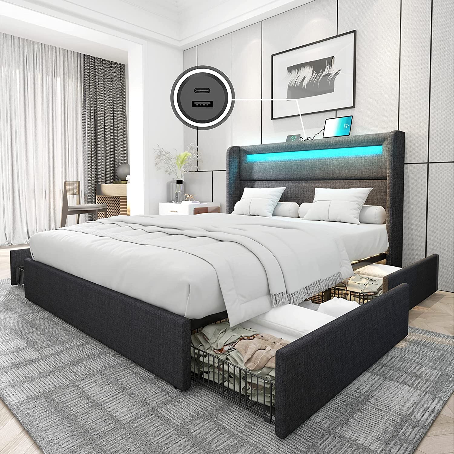 AMERLIFE Queen Upholstered Bed Frame with RGBW LED Headboard, 4 Storage Drawers & USB Ports, Dark Grey