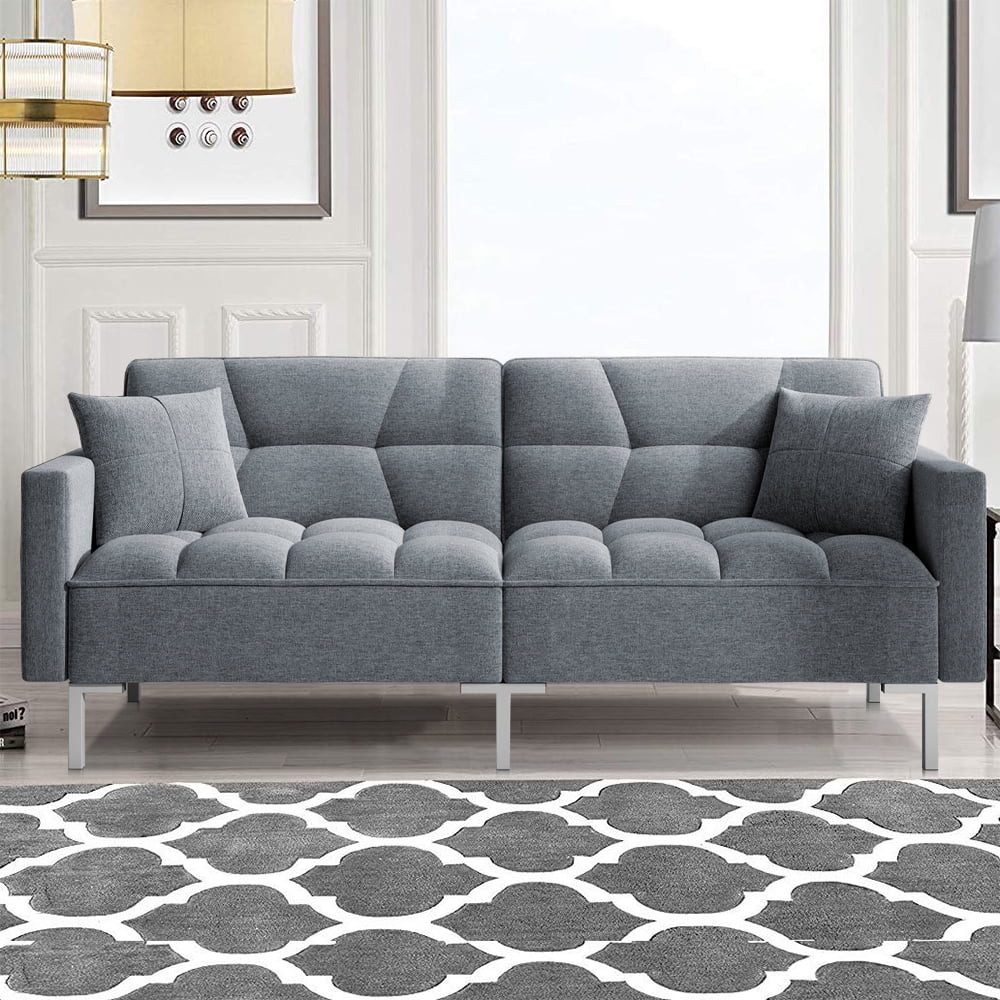 Gray Futon Sofa Bed, Convertible Folding Sofa Bed, Modern Upholstered Sleeper Sofa Bed with 2 Pillows and Metal Legs, Heavy Duty Futon Sofa Furniture for Living Room Bedroom Dorm Apartment