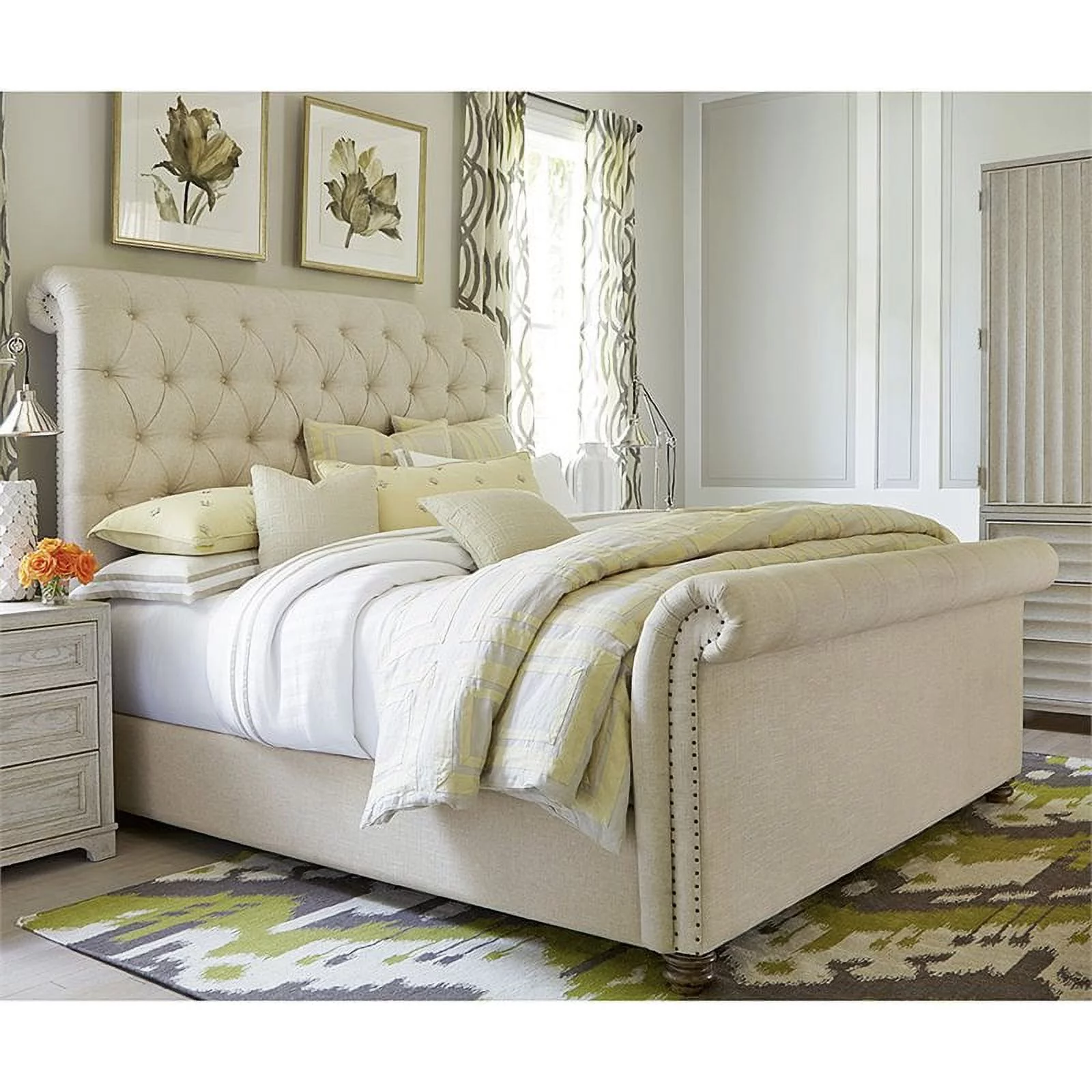 Maklaine Tufted Transitional Upholstered King Sleigh Bed in White