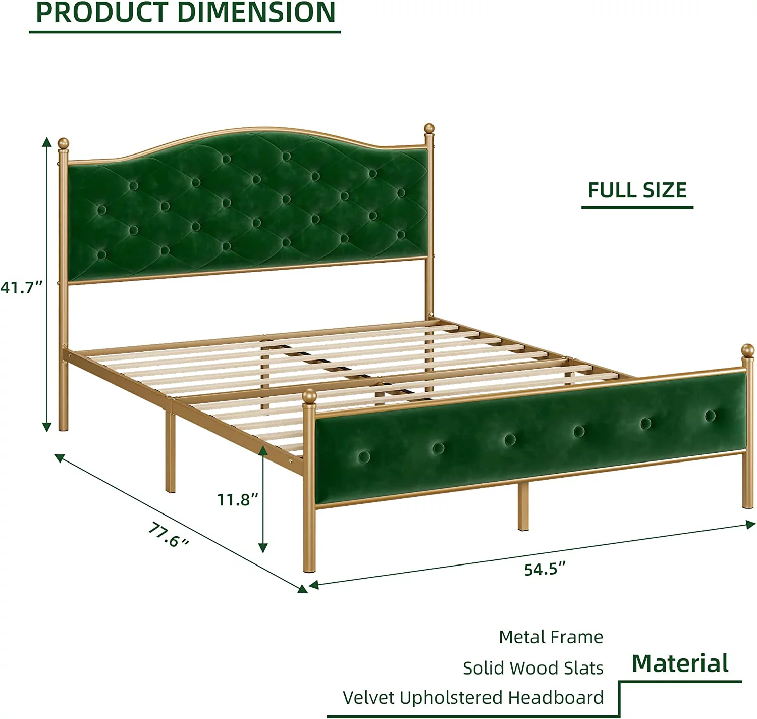 OUWI Full Size Bed Frame, Velvet Upholstered Platform Bed with Button Tufted Headboard, Heavy Duty Mattress Foundation with Solid Wood Slats Support, No Box Spring Needed, Gold and Green