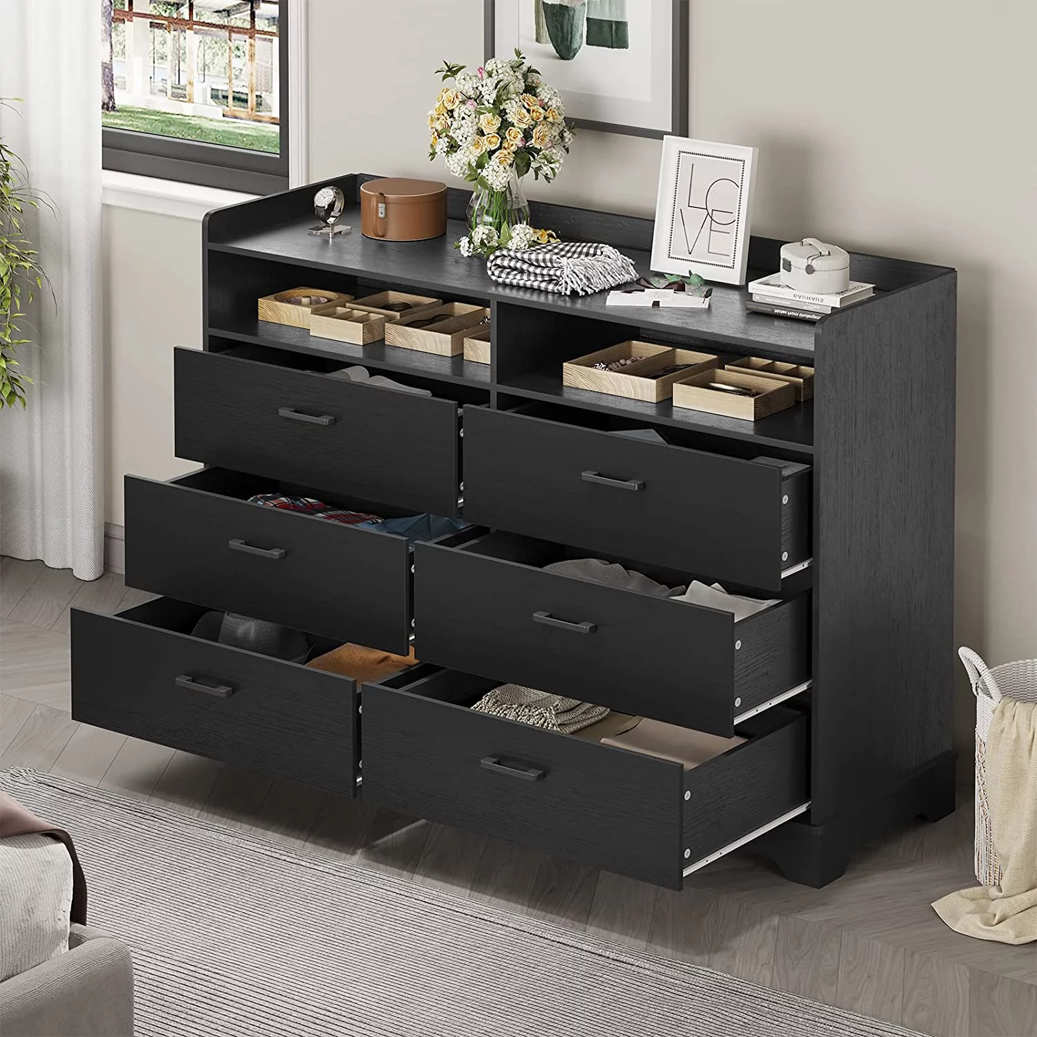 Classic 6 Drawer Dresser,Wood Finish,Modern Farmhouse Storage Tower Chests of Drawers and Open Cubby,for Bedroom,Living Room,Black