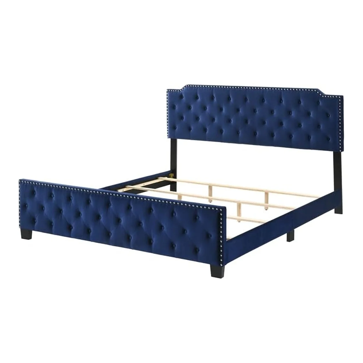 Agapi King Size Bed Button Tufted Nailhead Trim Blue Fabric Upholstery- Saltoro Sherpi