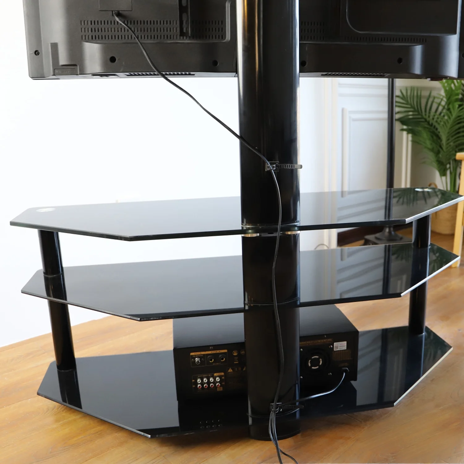 Modern Flat Panel TV Stand for TVs up to 70 inch, Black Glass Shelf