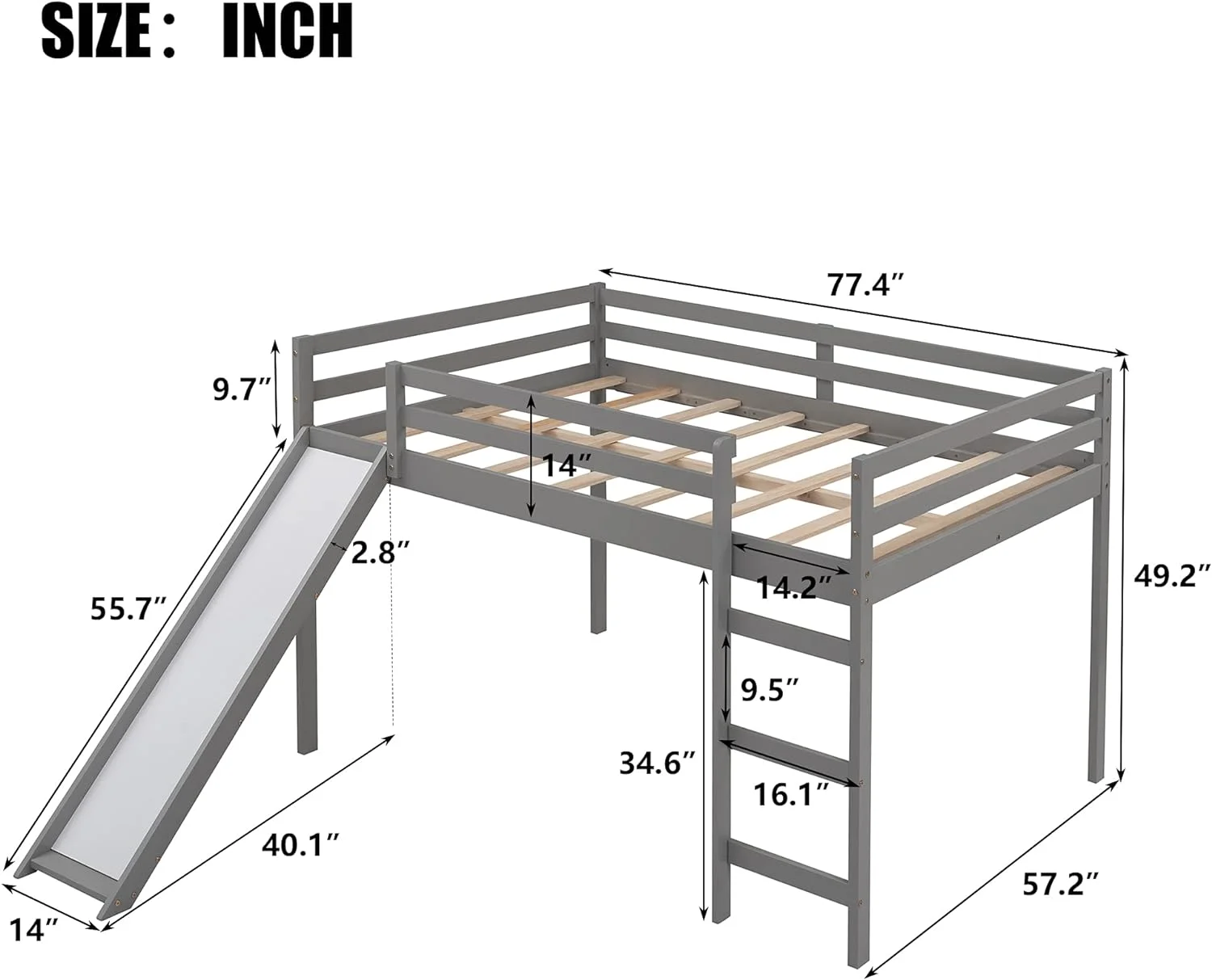 Full Size Low Loft Bed With Slide And Built-In Ladder, Full Loft Bed For Kids Boys Girls(Gray Full Loft)