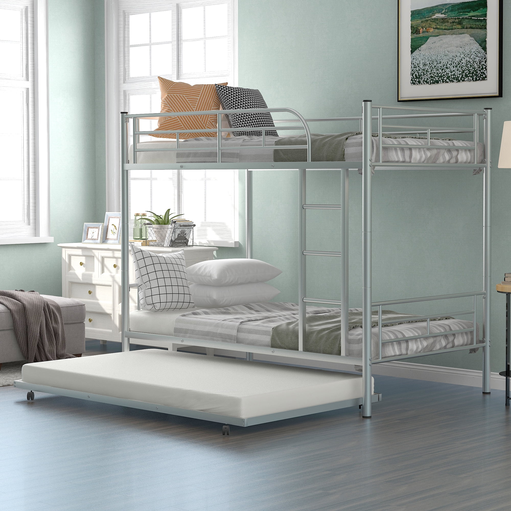 Dcenta Twin-Over-Twin Metal Bunk Bed With Trundle,Can be Divided into two beds,No Box Spring needed ,White