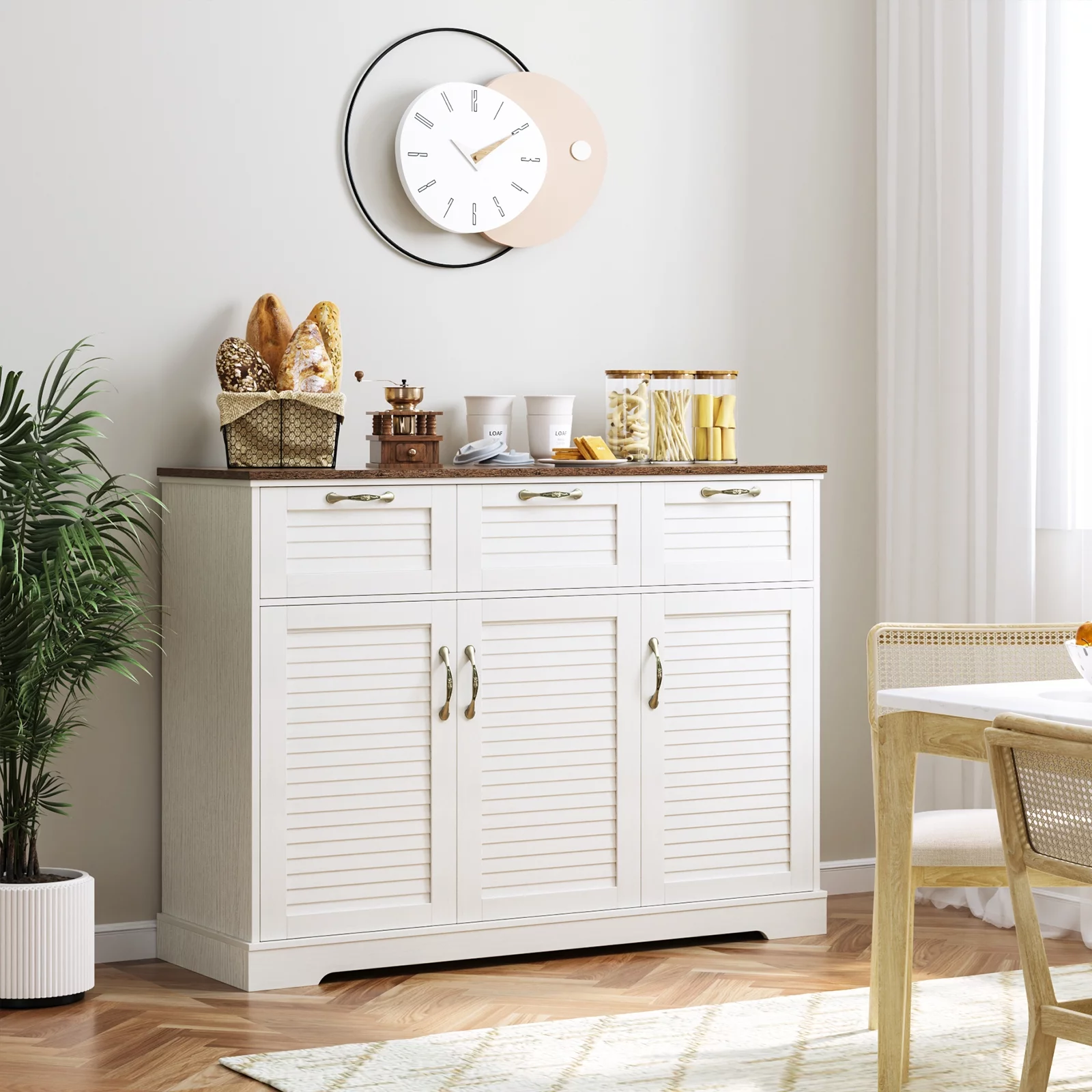 Homfa Buffet Table with 3 Drawers & 3 Doors, 47.2'' Large Wood Sideboard Cabinet for Kitchen Dining Room, White &Oak