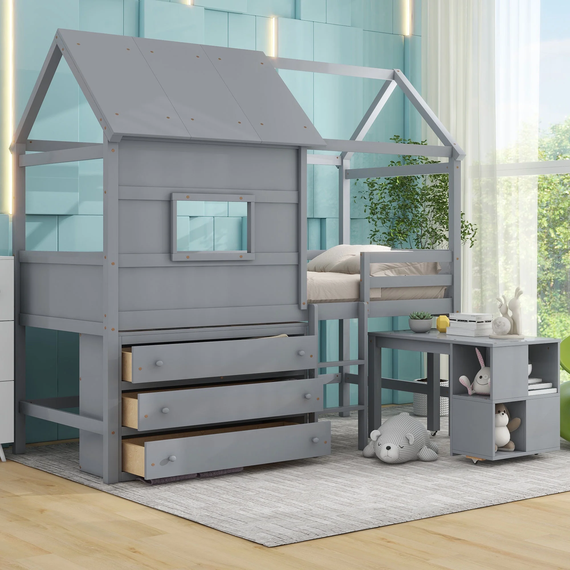 Euroco Wood Twin Size Loft Bed with Movable Desk for Kids, Low Profile Loft Bed with Storage Shelf and Drawers for Kids Teens Adults, House Bed with Roof and Window, Gray