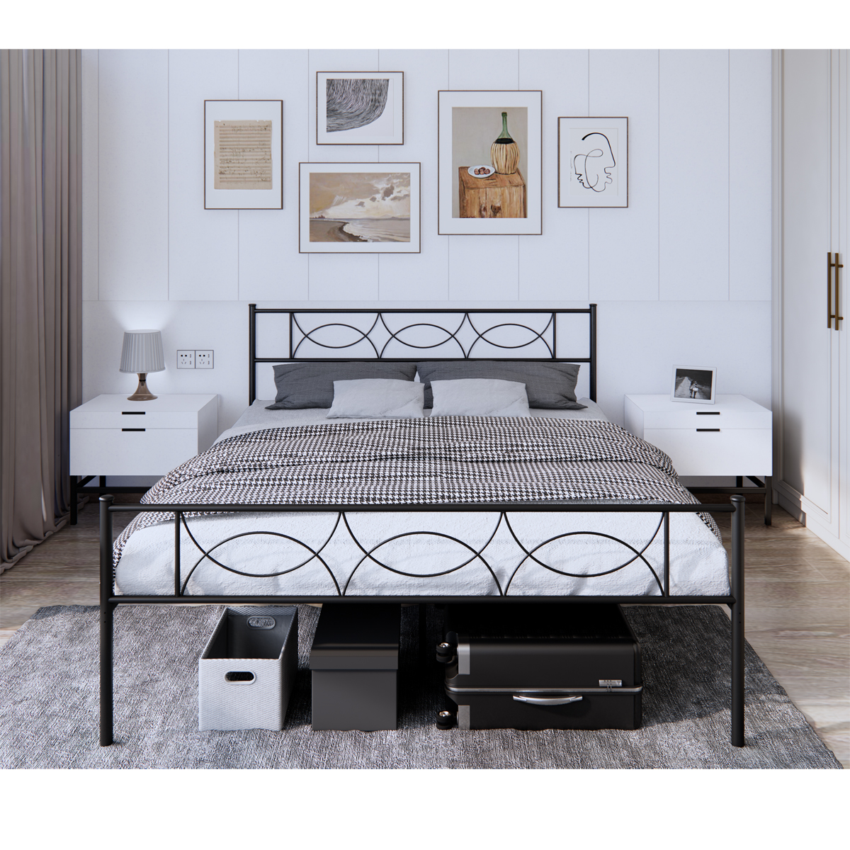 Full Size Classic Metal Platform Bed Frame Foundation with Iron Art Headboard Footboard Under Bed Storage No Box Spring Needed Heavy Duty Metal Slats Support Bed Frame with Headboard Black