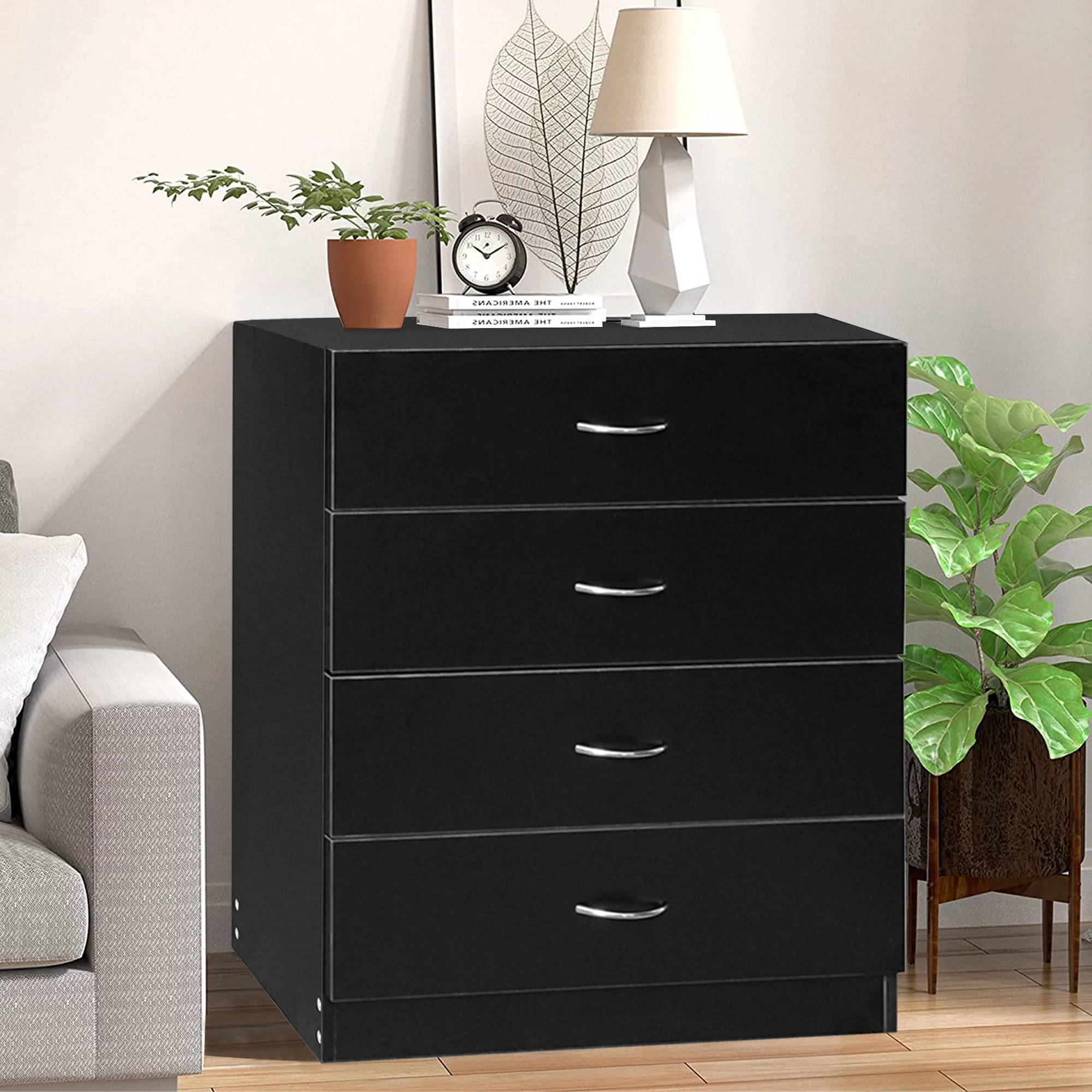 SYNGAR Modern 4 Drawer Dresser Storage Cabinet, Wood Dresser with Easy Pull Gold Handles, Nightstand, Bedside Table Organizer Unit for Bedroom, Living Room, Hallway, Entryway, Closets, Black